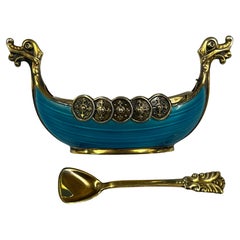 Superb Norway SterlingSilver 925 gilt dragon enamel viking boat salt cellar Aase