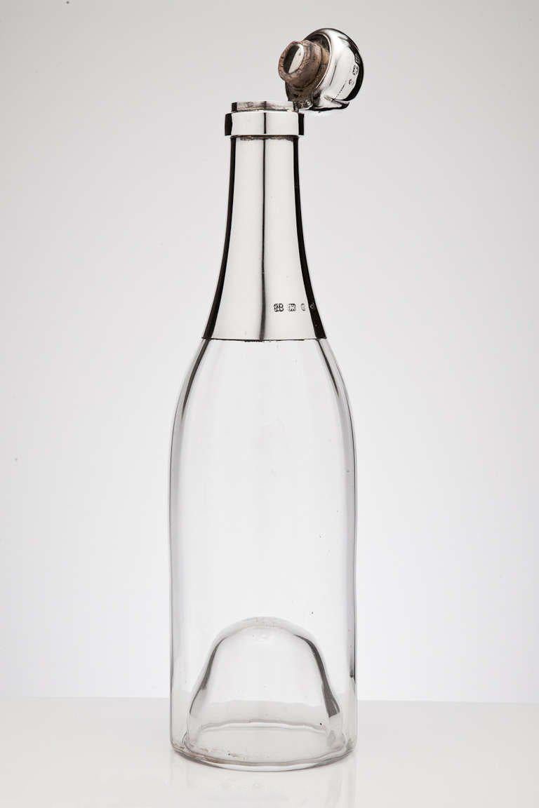 Superb Novelty Glass and Silver Champagne Bottle, Birmingham 1893 For