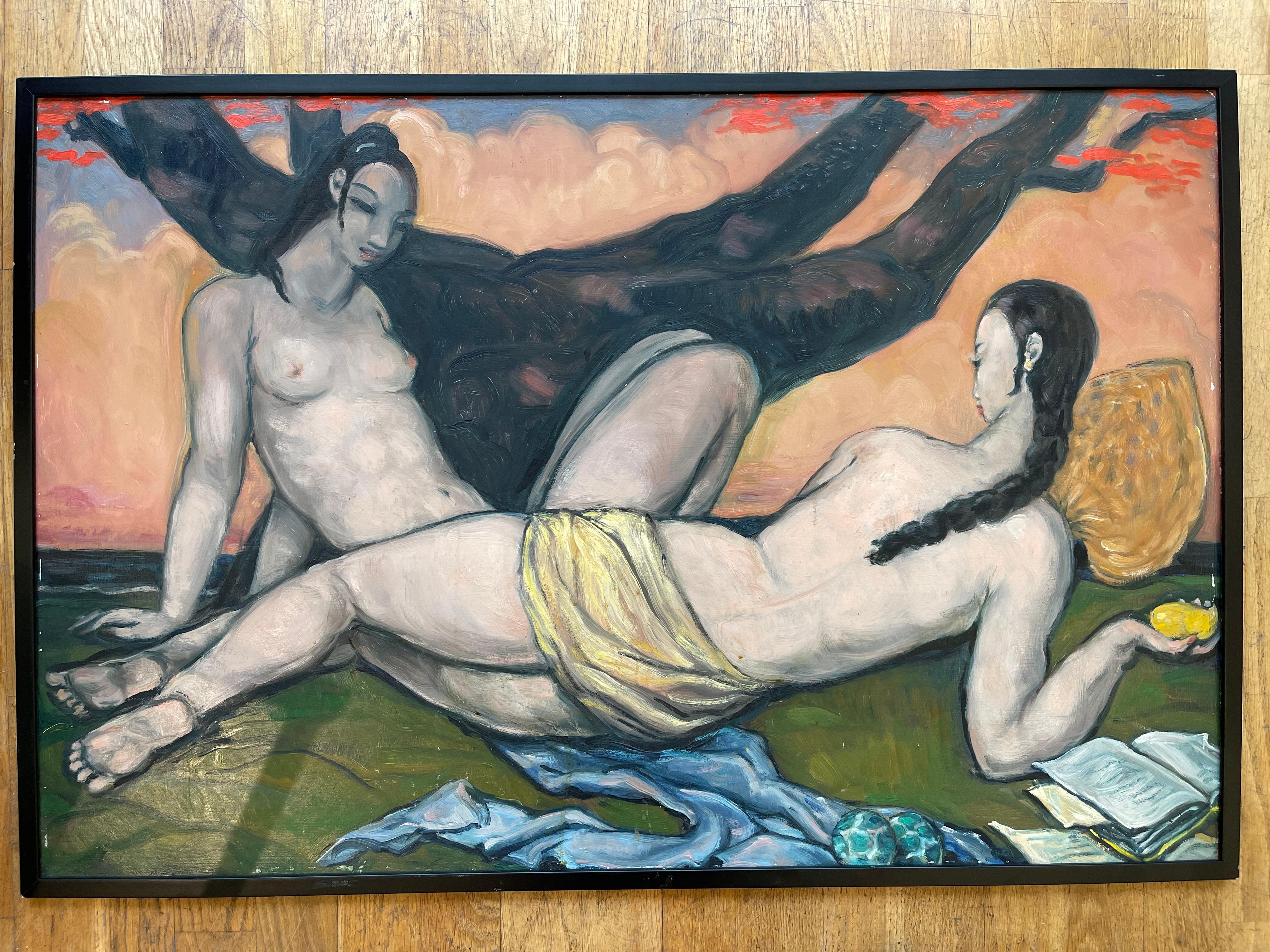 Superbe peinture à l'huile sur carton d'André Maire (1898-1984) représentant deux dames vietnamiennes sous des arbres flamboyants. Les peintures à l'huile d'André Maire sont beaucoup plus rares que ses gouaches sur papier. Celui-ci est également