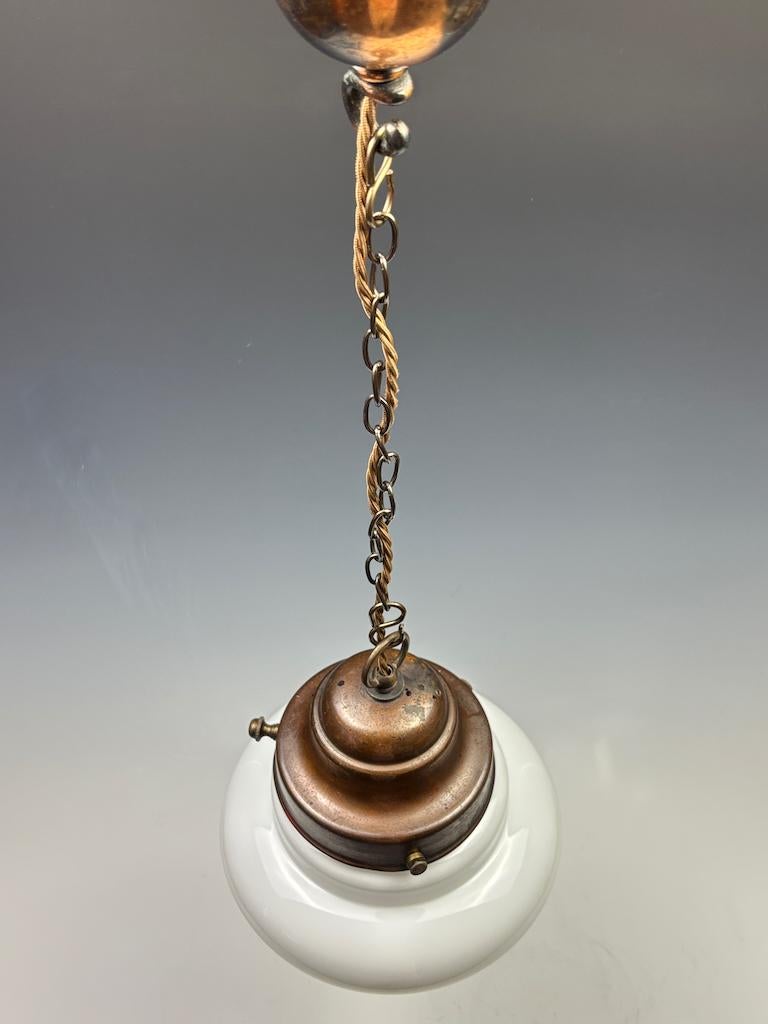 Superb Original Art Deco Pendant Light with Stepped Opaline Glass Shade and Bron For Sale 6