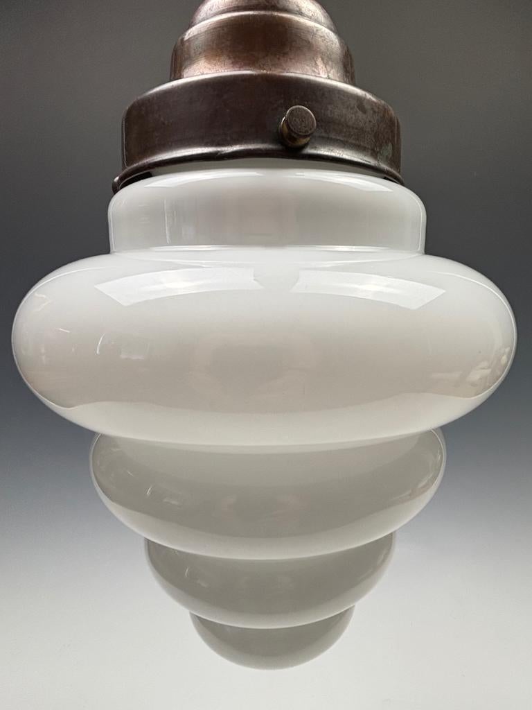 Superb Original Art Deco Pendant Light with Stepped Opaline Glass Shade and Bron For Sale 7