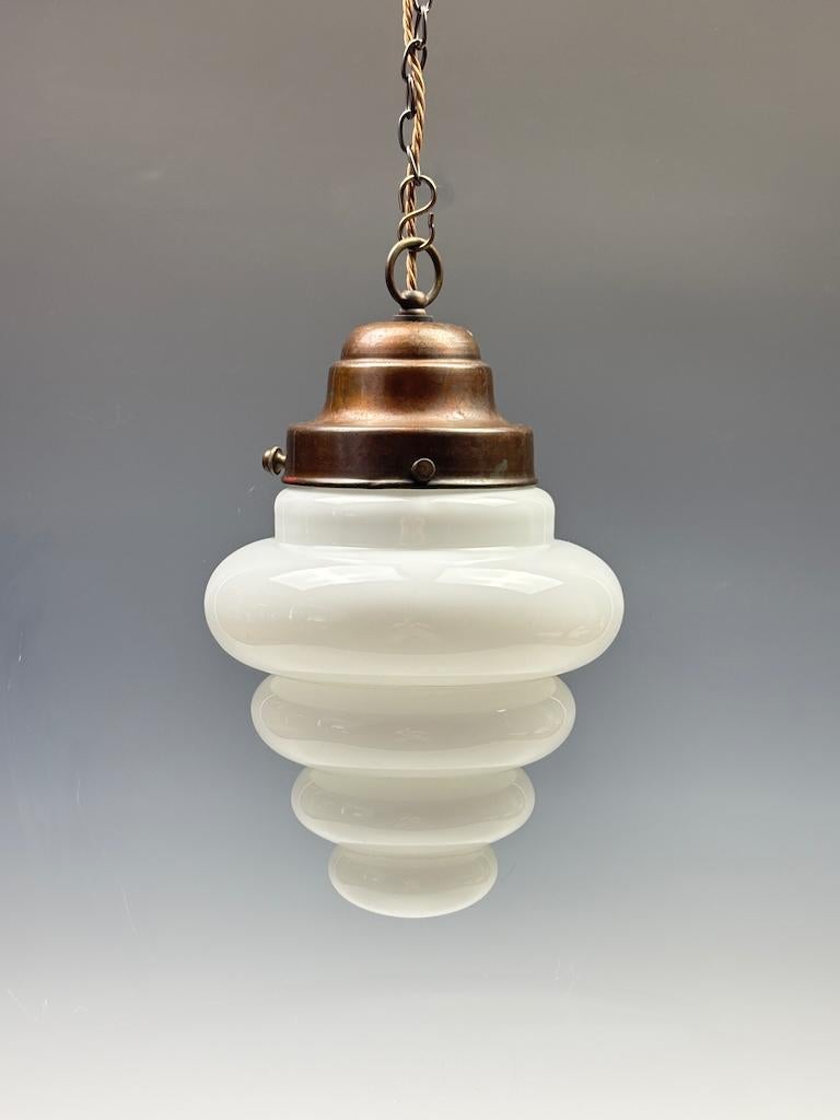 Superb Original Art Deco Pendant Light with Stepped Opaline Glass Shade and Bron For Sale 8
