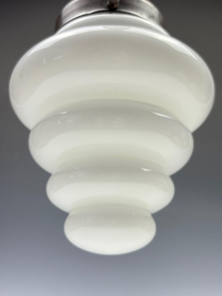 Superb Original Art Deco Pendant Light with Stepped Opaline Glass Shade and Bron For Sale 9