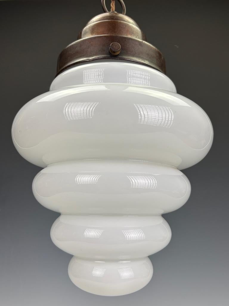British Superb Original Art Deco Pendant Light with Stepped Opaline Glass Shade and Bron For Sale