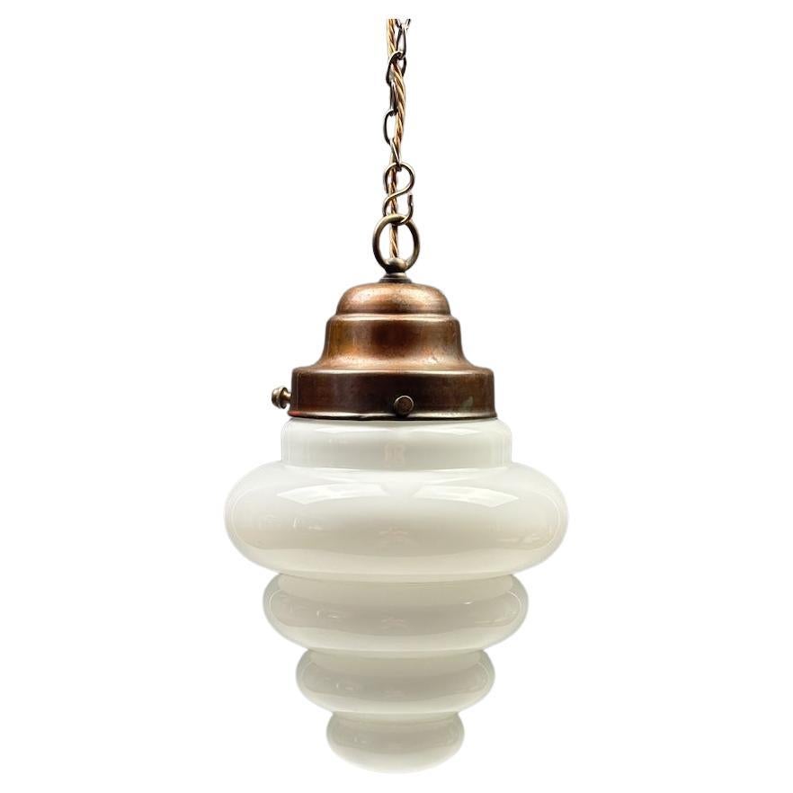 Superb Original Art Deco Pendant Light with Stepped Opaline Glass Shade and Bron For Sale
