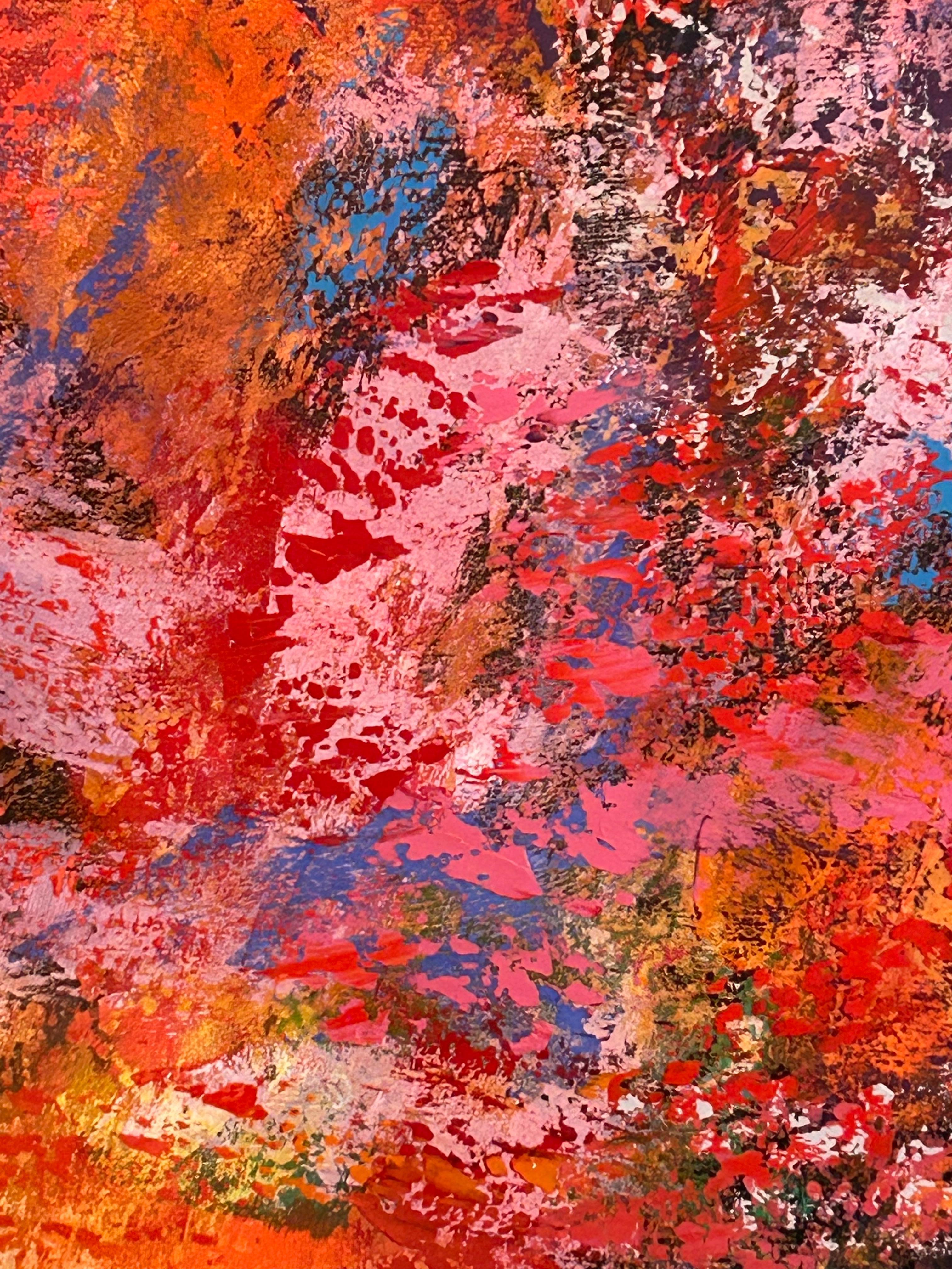 The Rose Walk, Hidcote. 1990. Öl auf Karton.  Von dem berühmten Princeton-Künstler Thomas George.  Der Aufruhr der sich überlagernden Farben ist hypnotisierend und wurde von einem Meisterhandwerker geschaffen.
Brett ist 33 x 25
Passepartout und