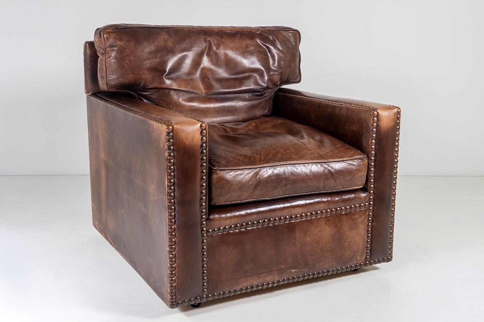 Campaign Superb Original Vintage Chelsea Bordeaux Handmade Brown Leather Armchair For Sale