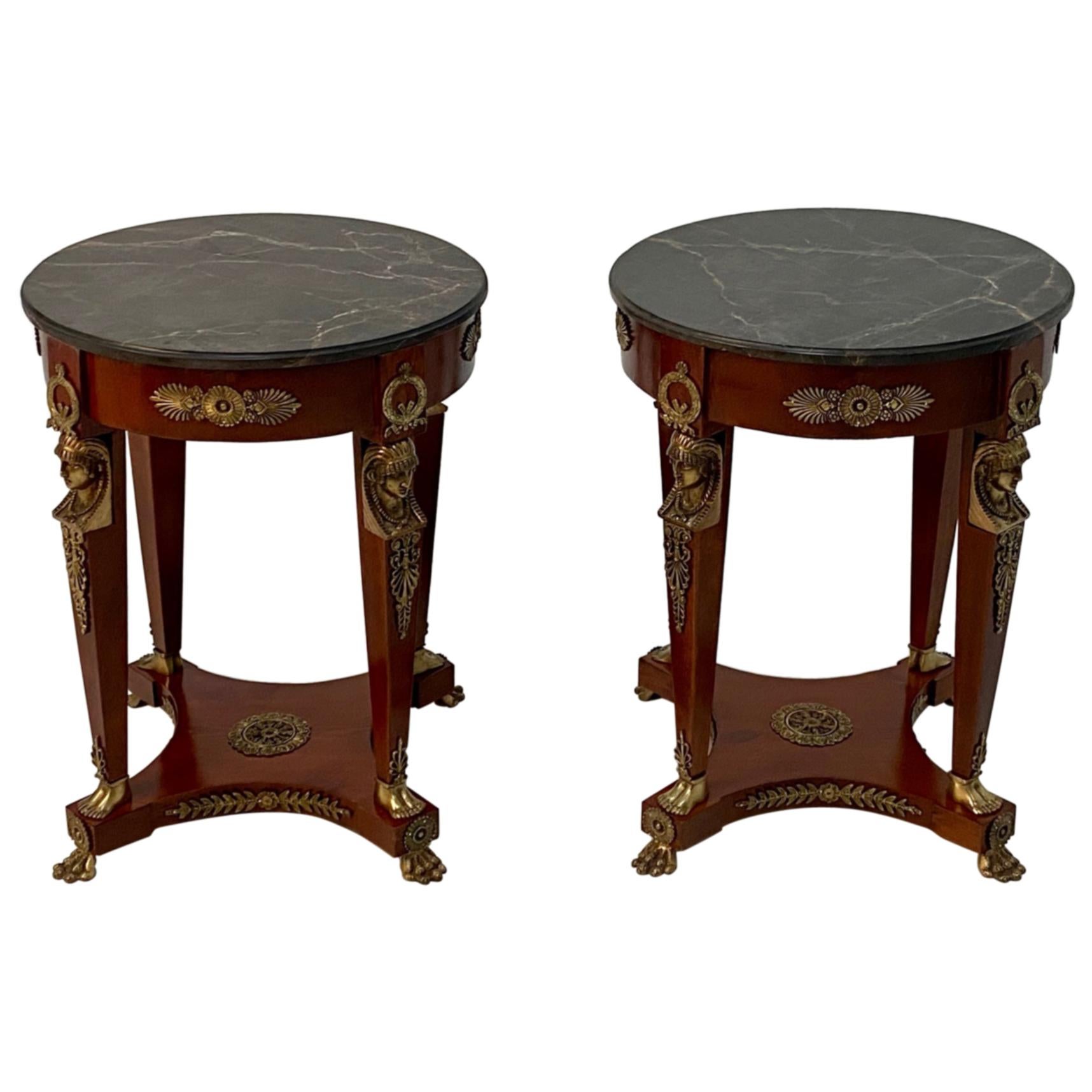 Superb Ornate Pair of Mahogany and Bronze French Empire Style End Tables