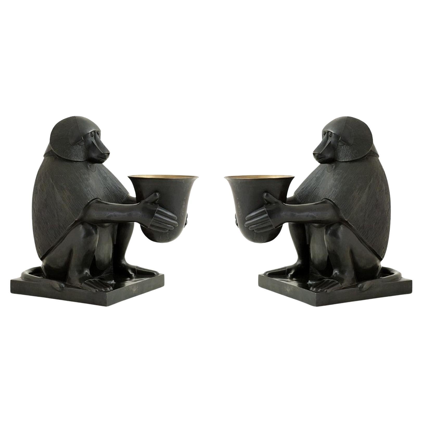 Superb Pair Art Deco Style Bronze Simian Monkey Themed Electric Table Lamps