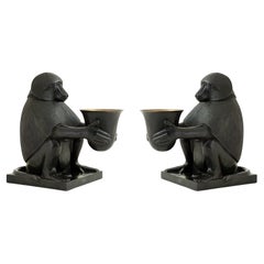 Superb Pair Art Deco Style Bronze Simian Monkey Themed Electric Table Lamps