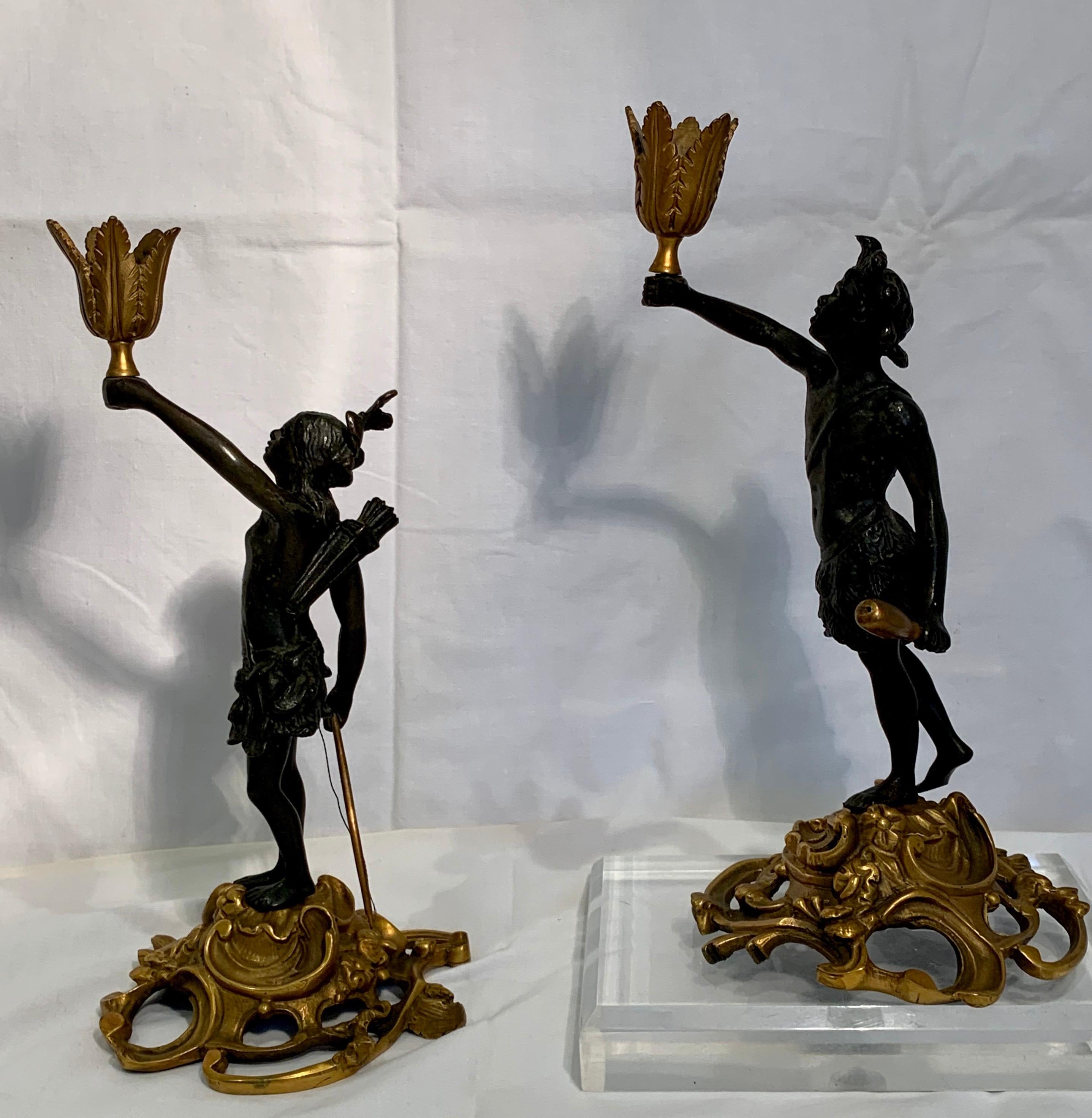 Ukrainian Superb Pair Bronze Russian Patinated Cast Iron Candlestick Figures, Russian For Sale