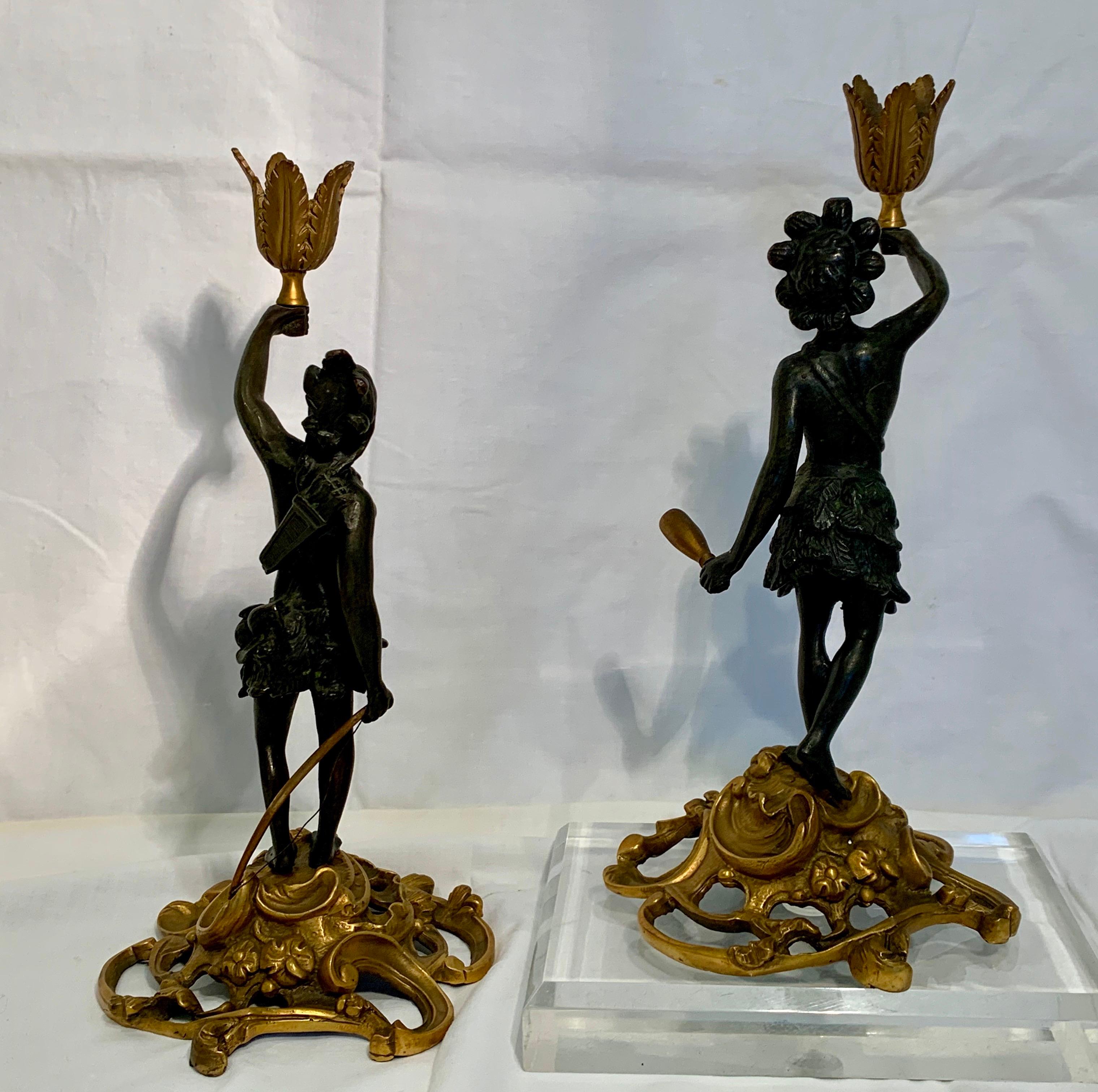 Late 19th Century Superb Pair Bronze Russian Patinated Cast Iron Candlestick Figures, Russian For Sale