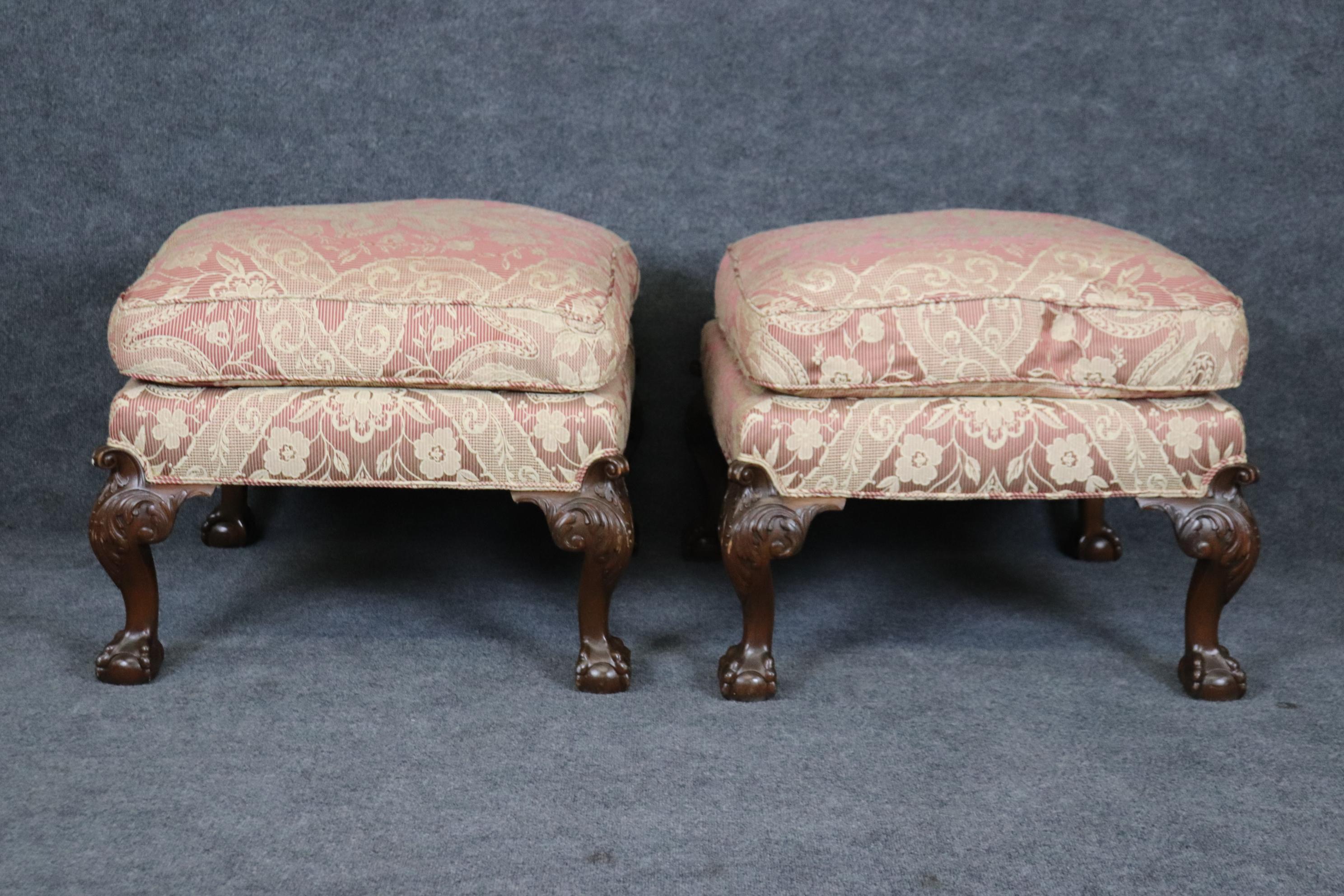 English Superb Pair Centennial Carved Chippendale Mahogany Square Foot Stools For Sale
