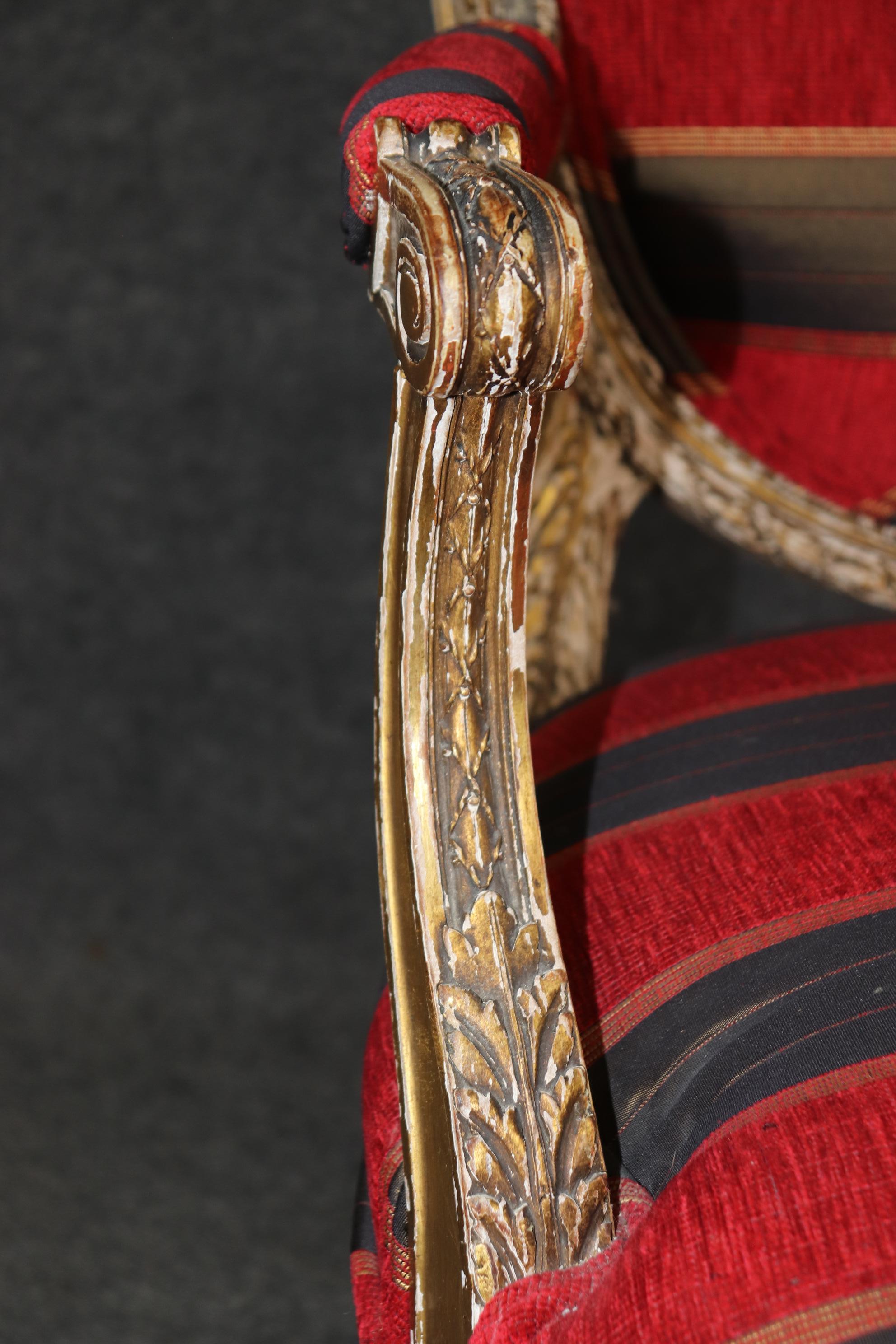 Superb Pair Chippy Antique Giltwood French Carved Louis XVI Armchairs Circa 1920 For Sale 9