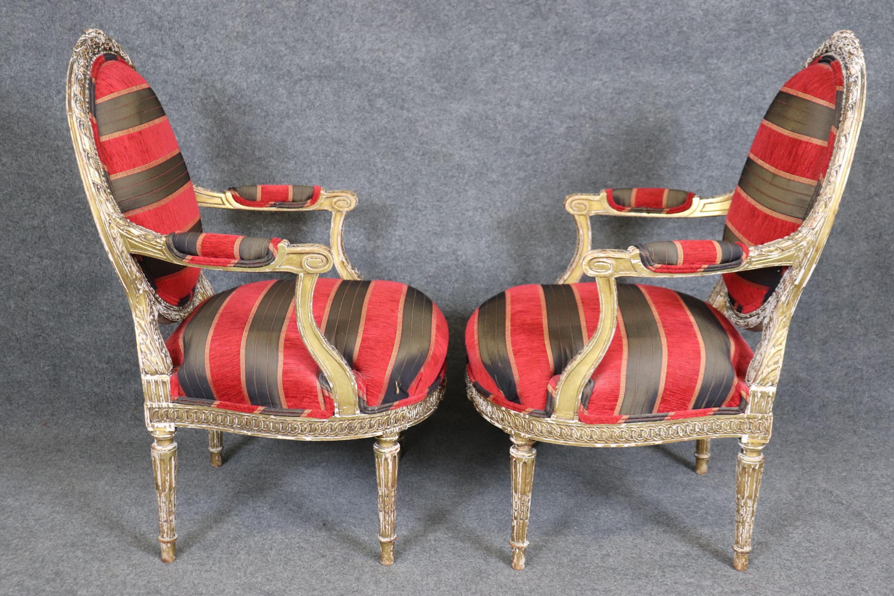 Early 20th Century Superb Pair Chippy Antique Giltwood French Carved Louis XVI Armchairs Circa 1920 For Sale