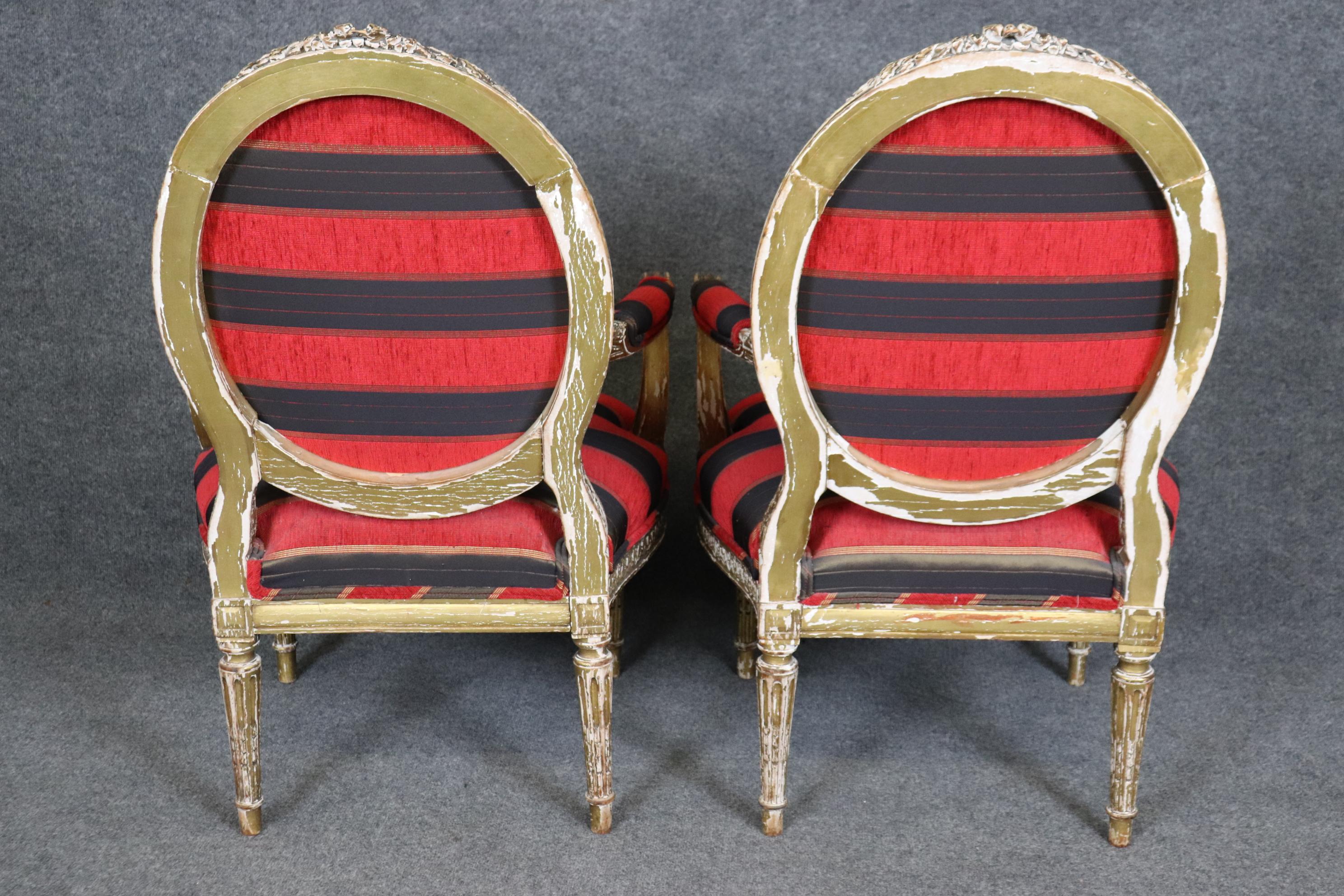 Walnut Superb Pair Chippy Antique Giltwood French Carved Louis XVI Armchairs Circa 1920 For Sale
