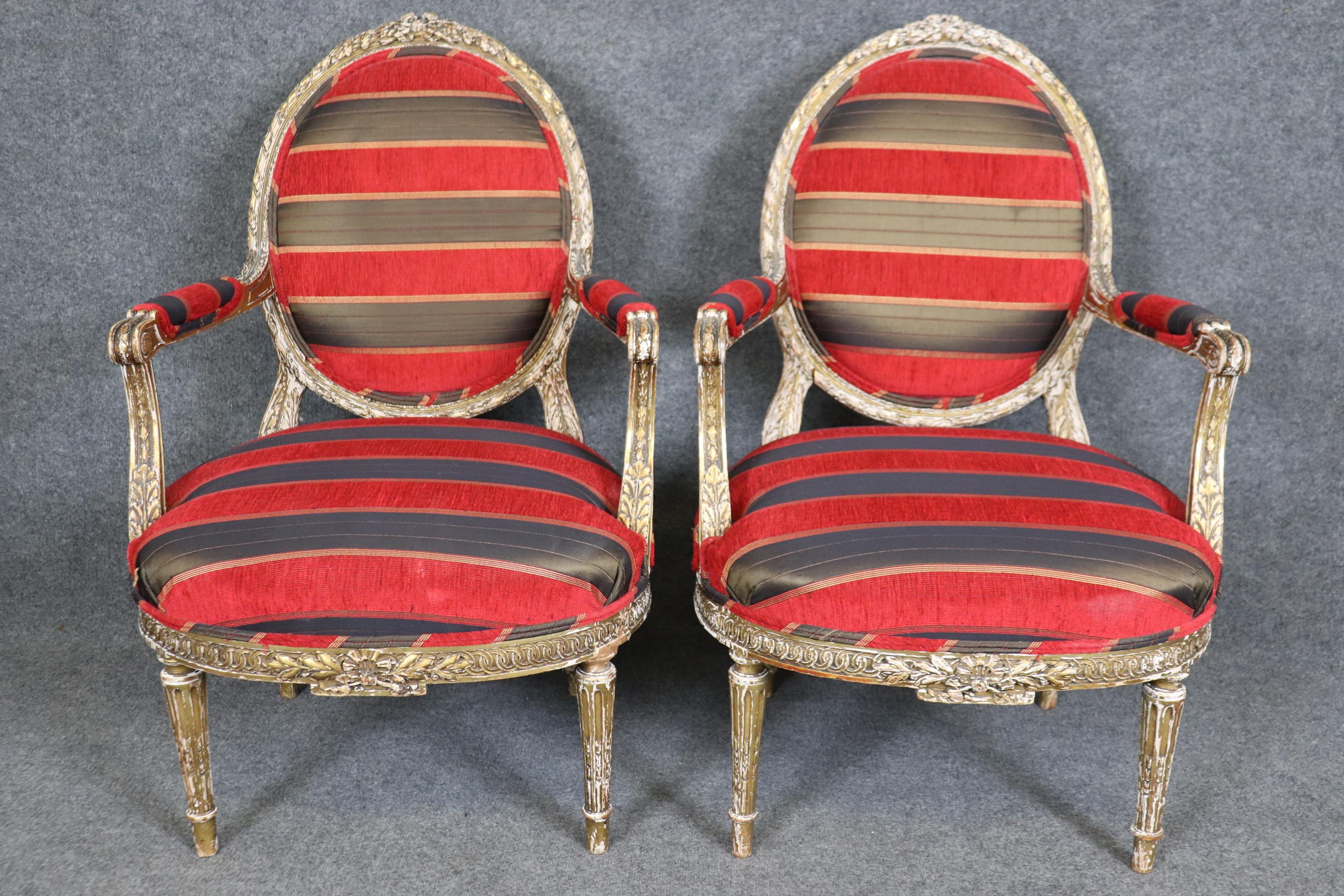 Superb Pair Chippy Antique Giltwood French Carved Louis XVI Armchairs Circa 1920 For Sale 2