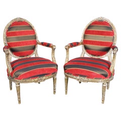 Superb Pair Chippy Antique Giltwood French Carved Louis XVI Armchairs Circa 1920