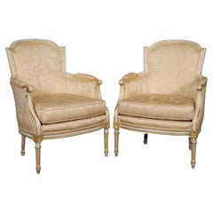 Superb Pair French Creme Painted and Gilded French Louis XVI Bergere Chairs 