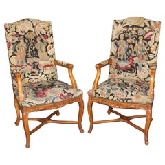 Superb Pair French Louis XV Figural Needlepoint Throne Armchairs 1900