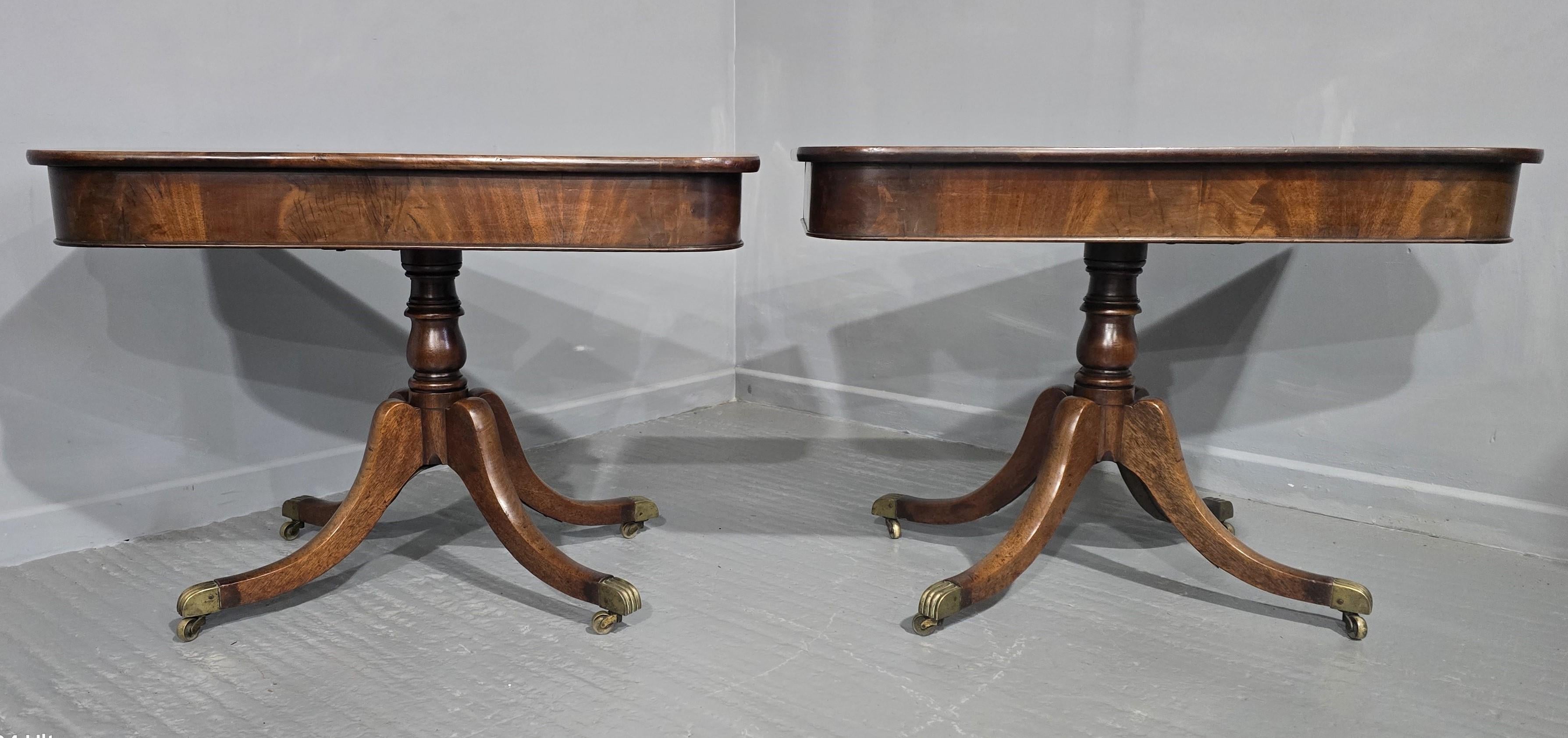 Super pair mahogany consoles, Georgian, centre pedestals with original brass castors, super colour and condition.

29.5