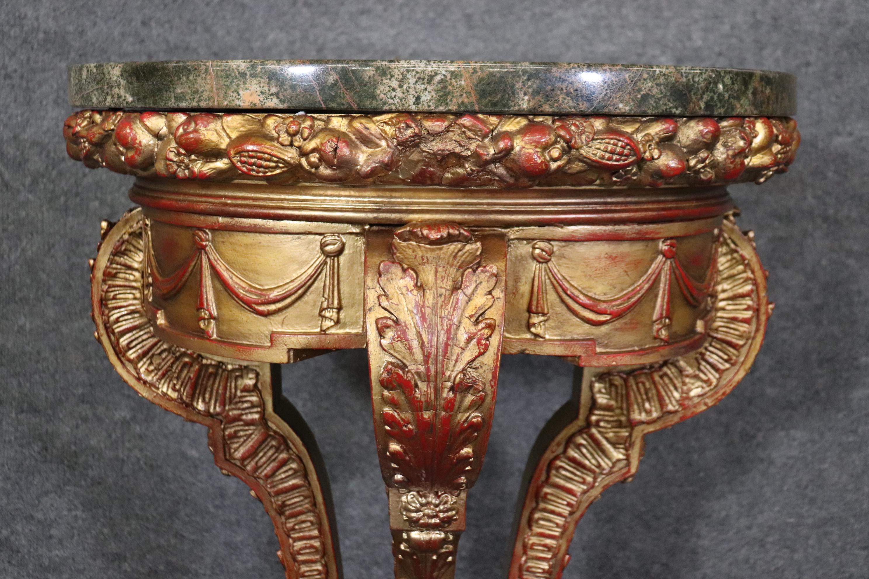 Superb Pair Gilded French Carved Louis XV Style Verdi Marble Top Pedestals  In Good Condition In Swedesboro, NJ