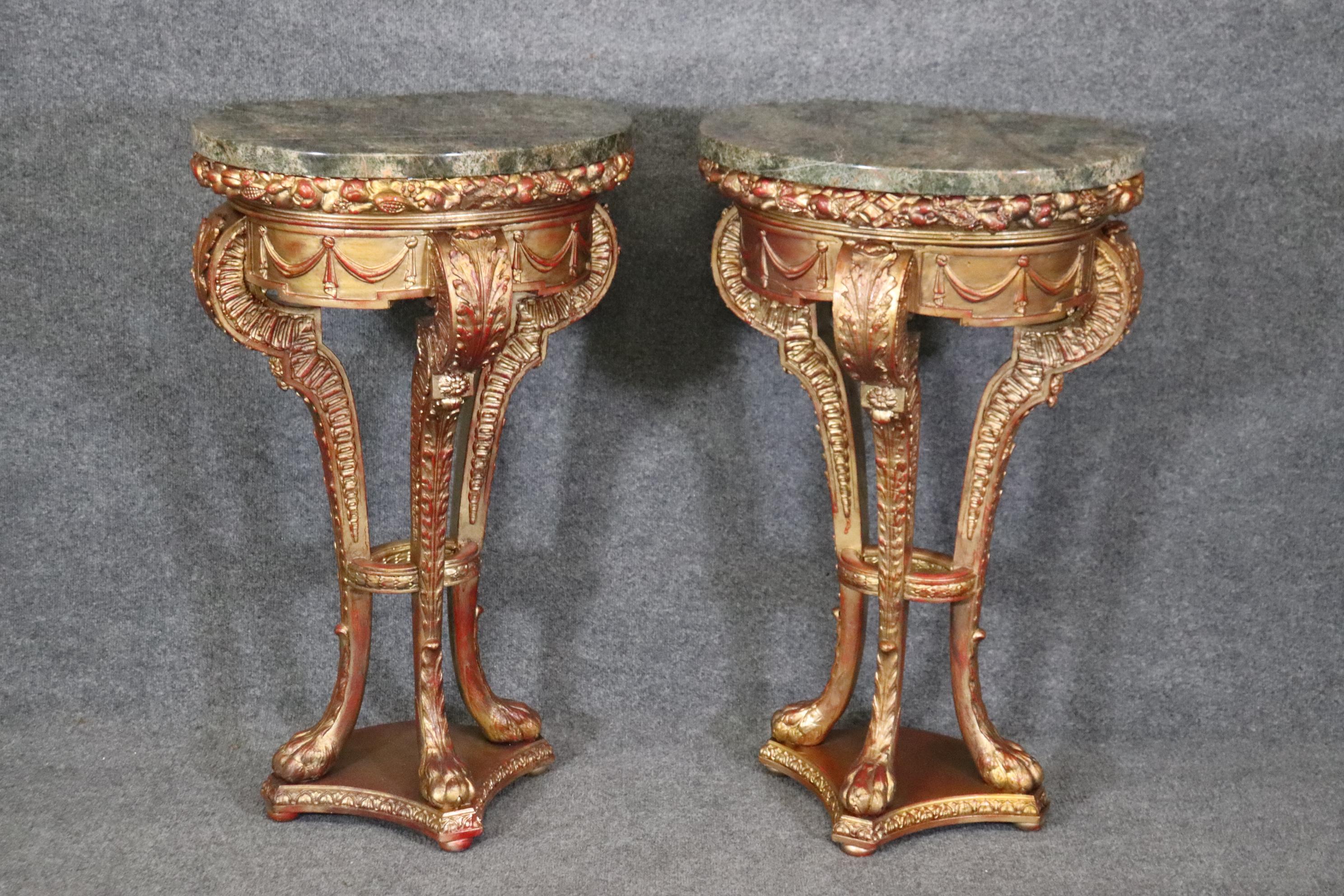 Superb Pair Gilded French Carved Louis XV Style Verdi Marble Top Pedestals  1