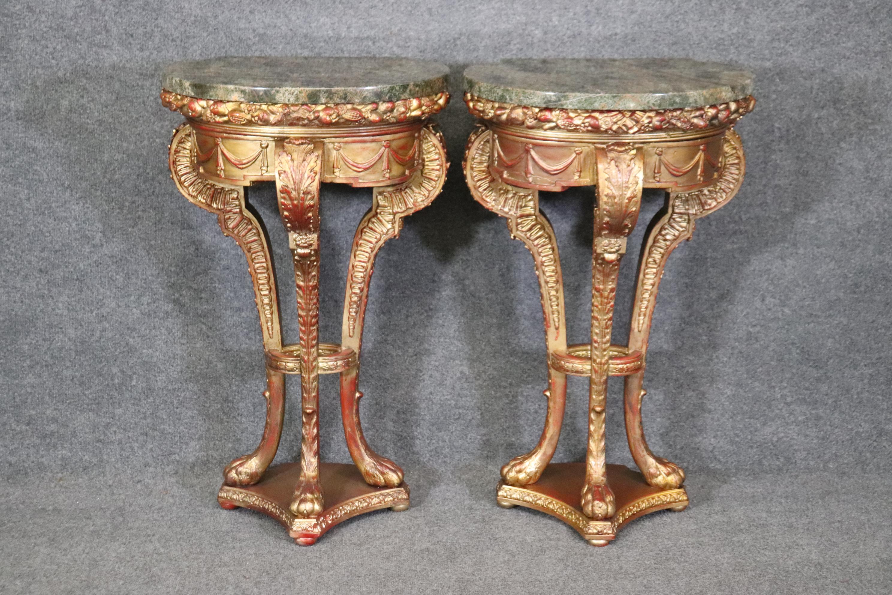 Superb Pair Gilded French Carved Louis XV Style Verdi Marble Top Pedestals  2