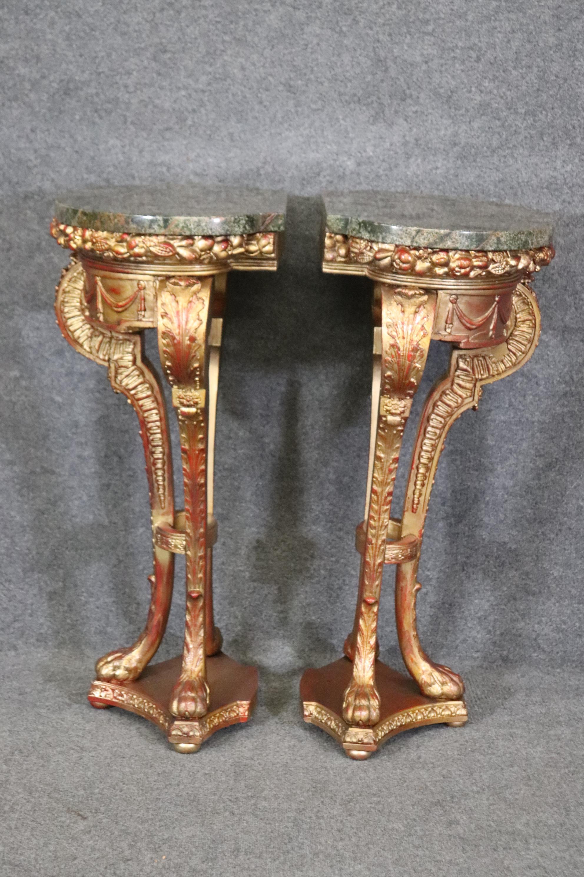 Superb Pair Gilded French Carved Louis XV Style Verdi Marble Top Pedestals  3