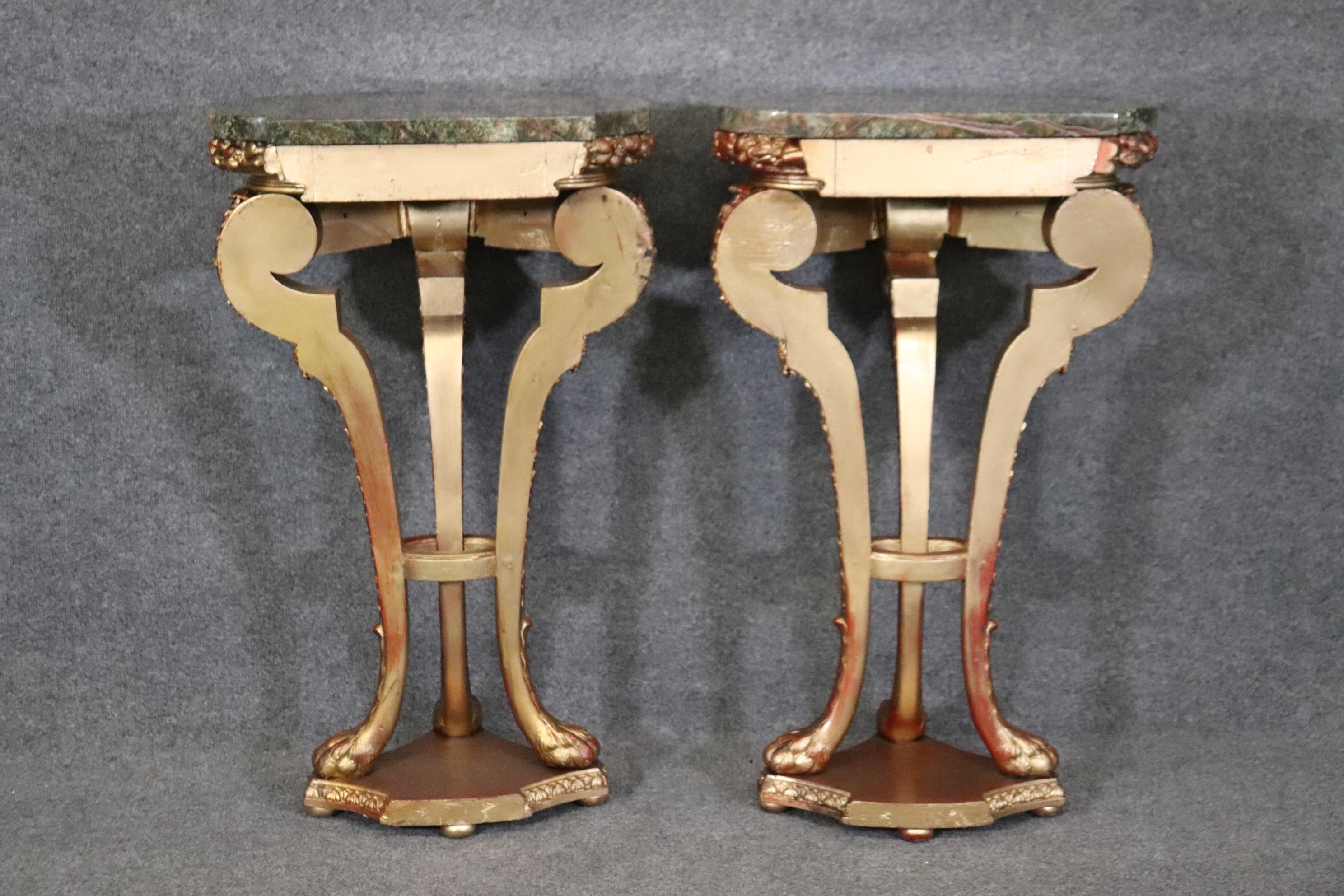 Superb Pair Gilded French Carved Louis XV Style Verdi Marble Top Pedestals  4