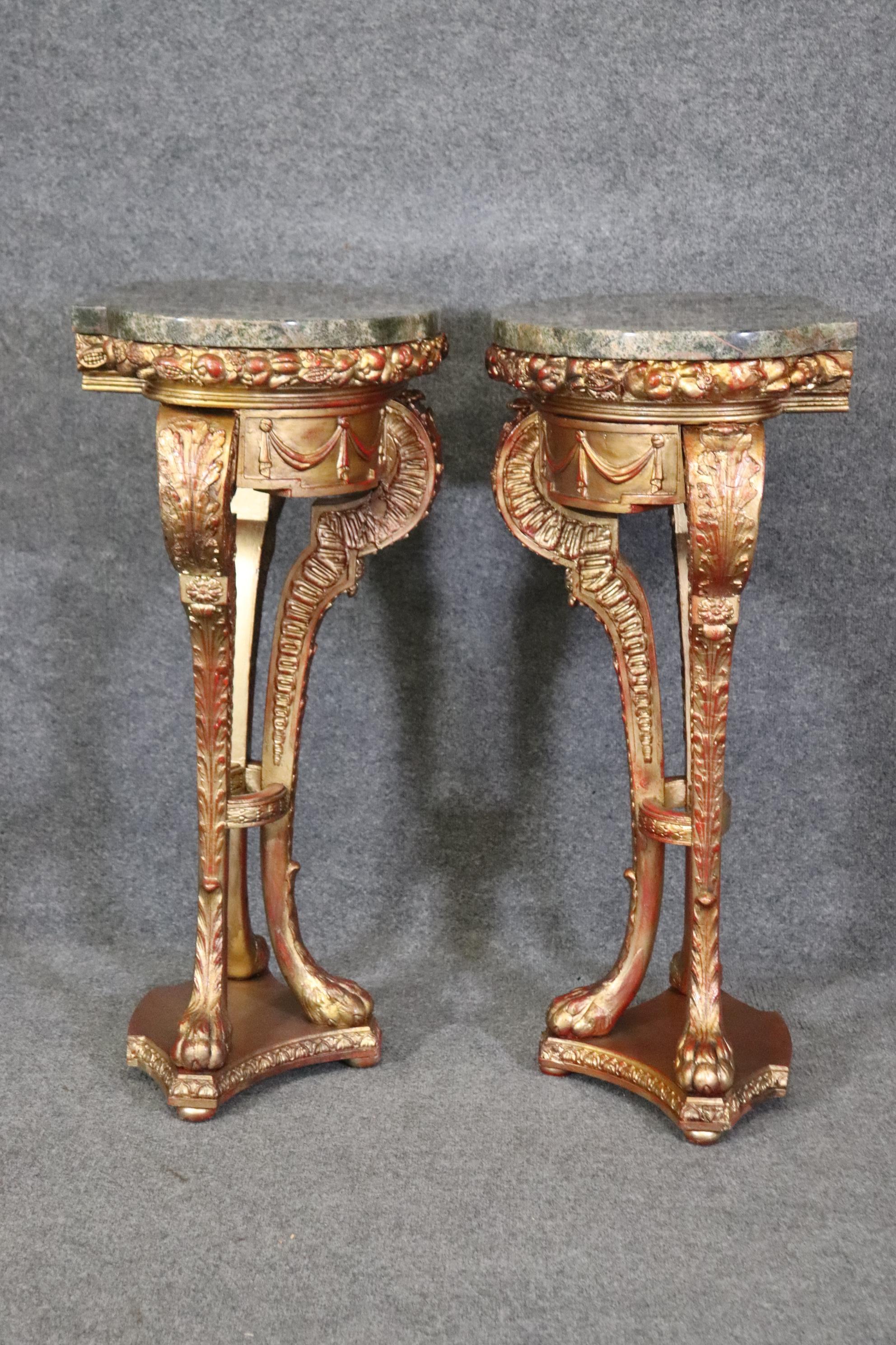 Superb Pair Gilded French Carved Louis XV Style Verdi Marble Top Pedestals  5