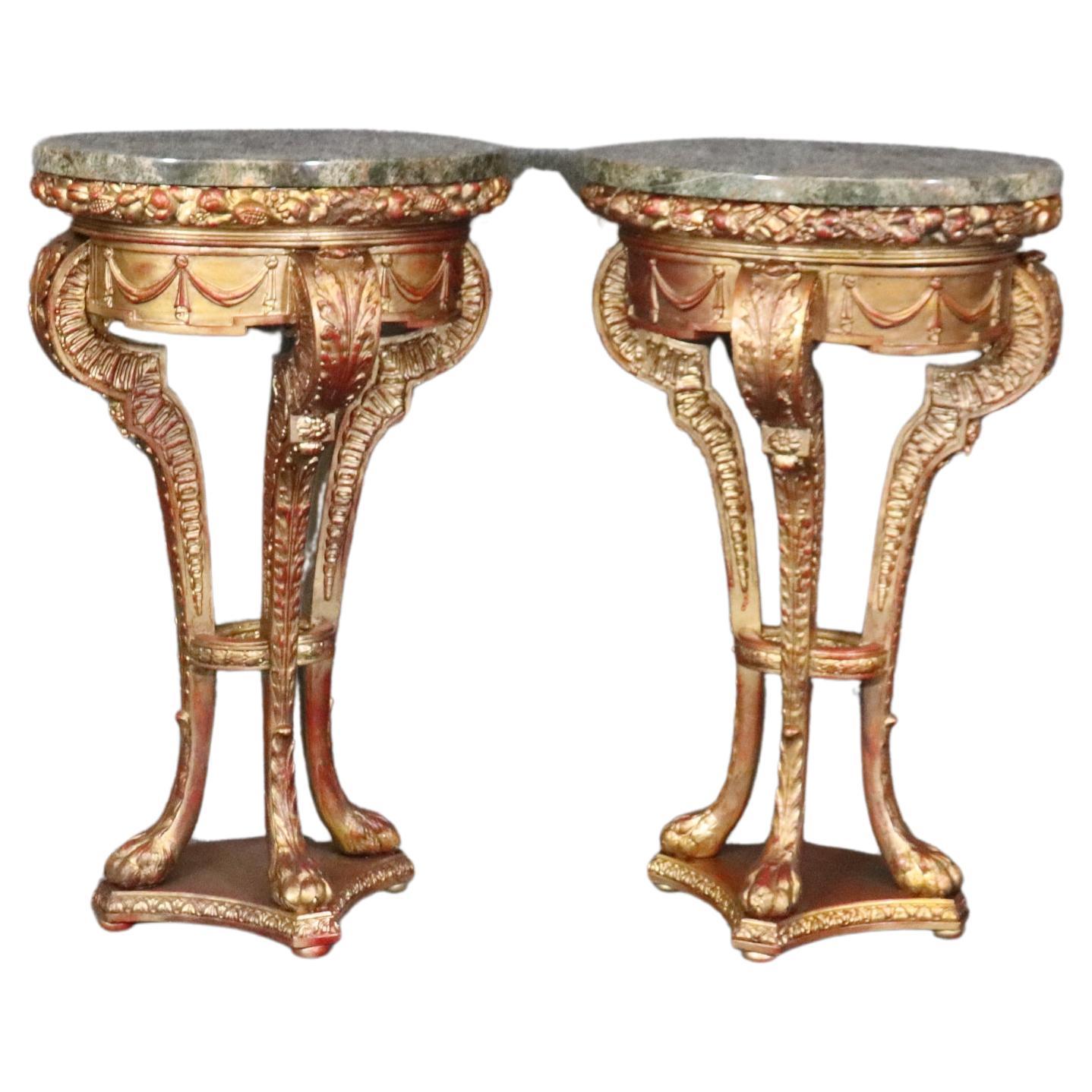 Superb Pair Gilded French Carved Louis XV Style Verdi Marble Top Pedestals 