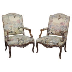 Antique Superb Pair Important Carved French Regence Tapestry Armchairs Circa 1850s 