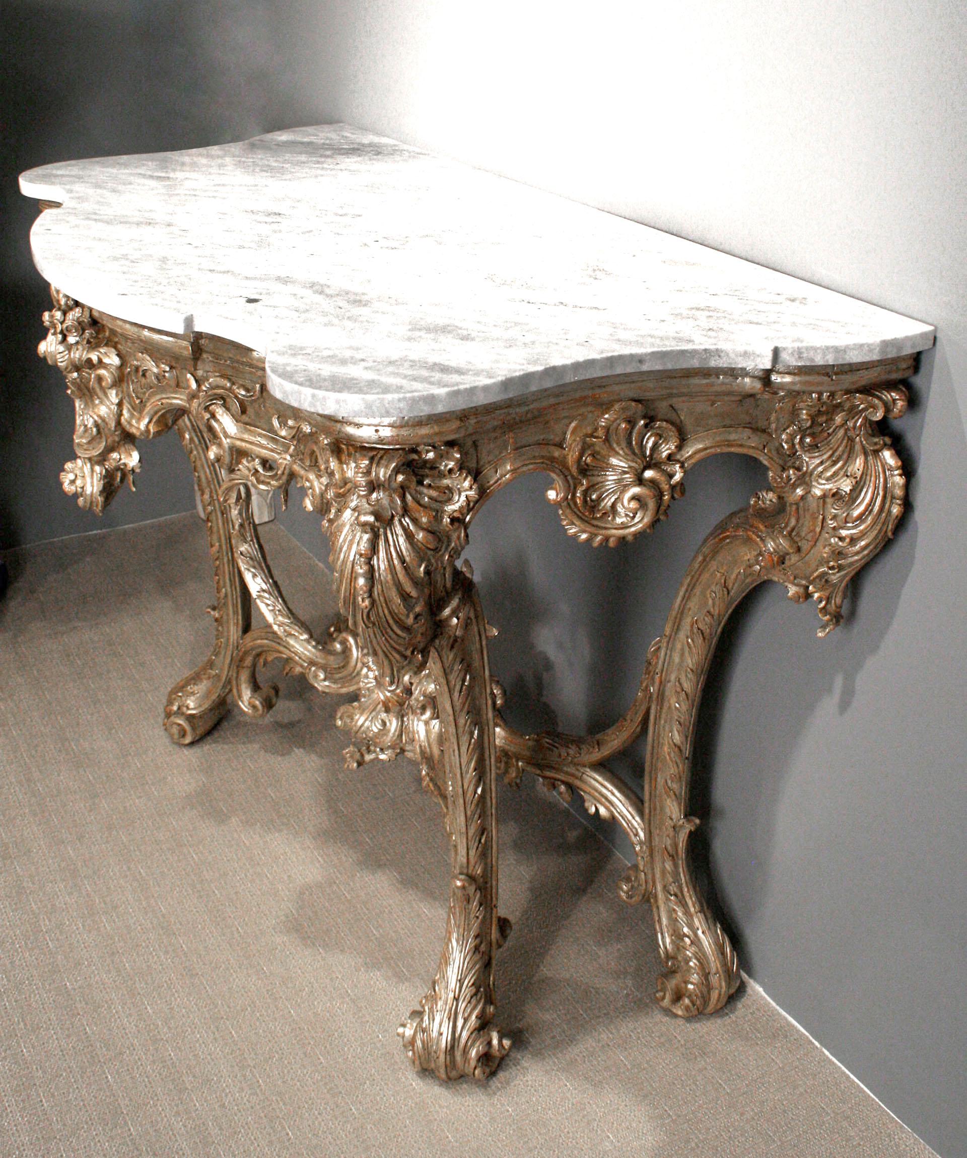 Gilt Superb Pair of 18th Century Italian Rococo Consoles with Marble Tops