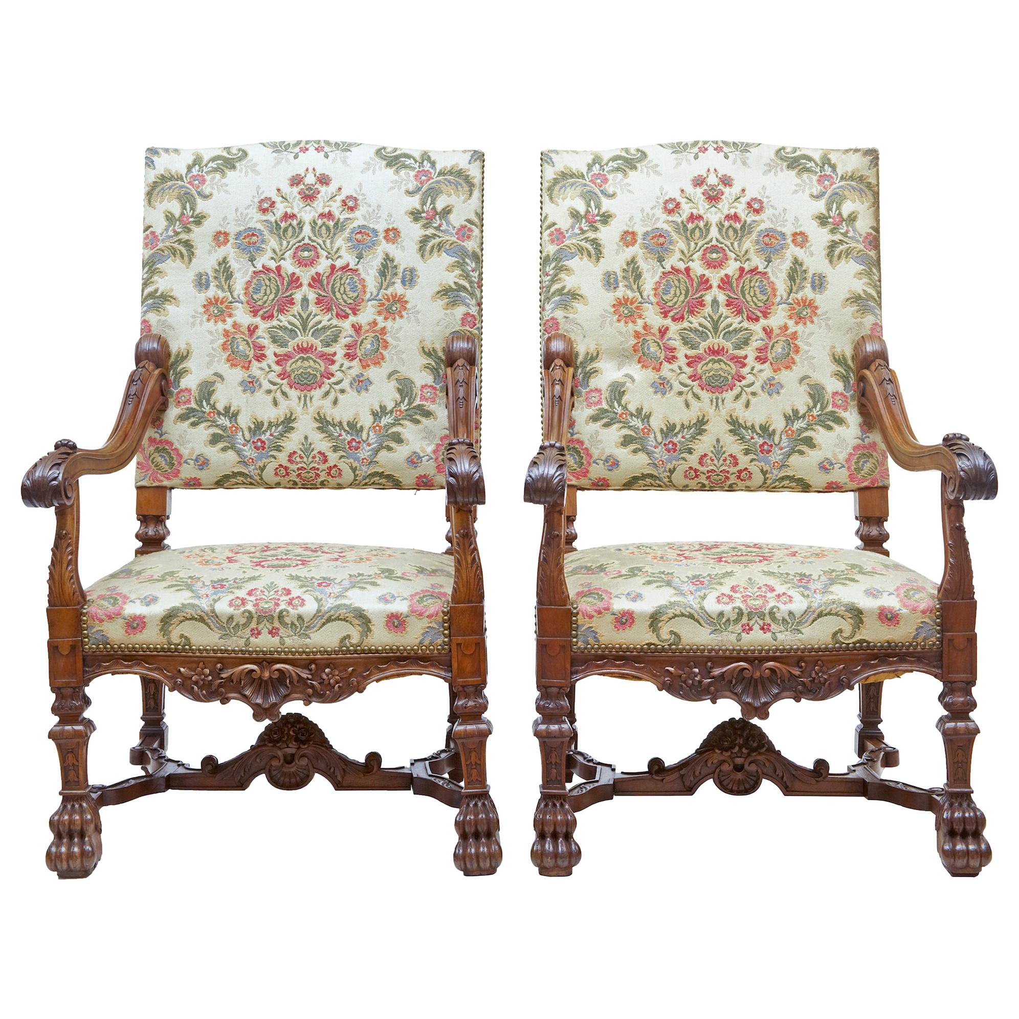 Superb Pair of 19th Century Carved Walnut French Armchairs