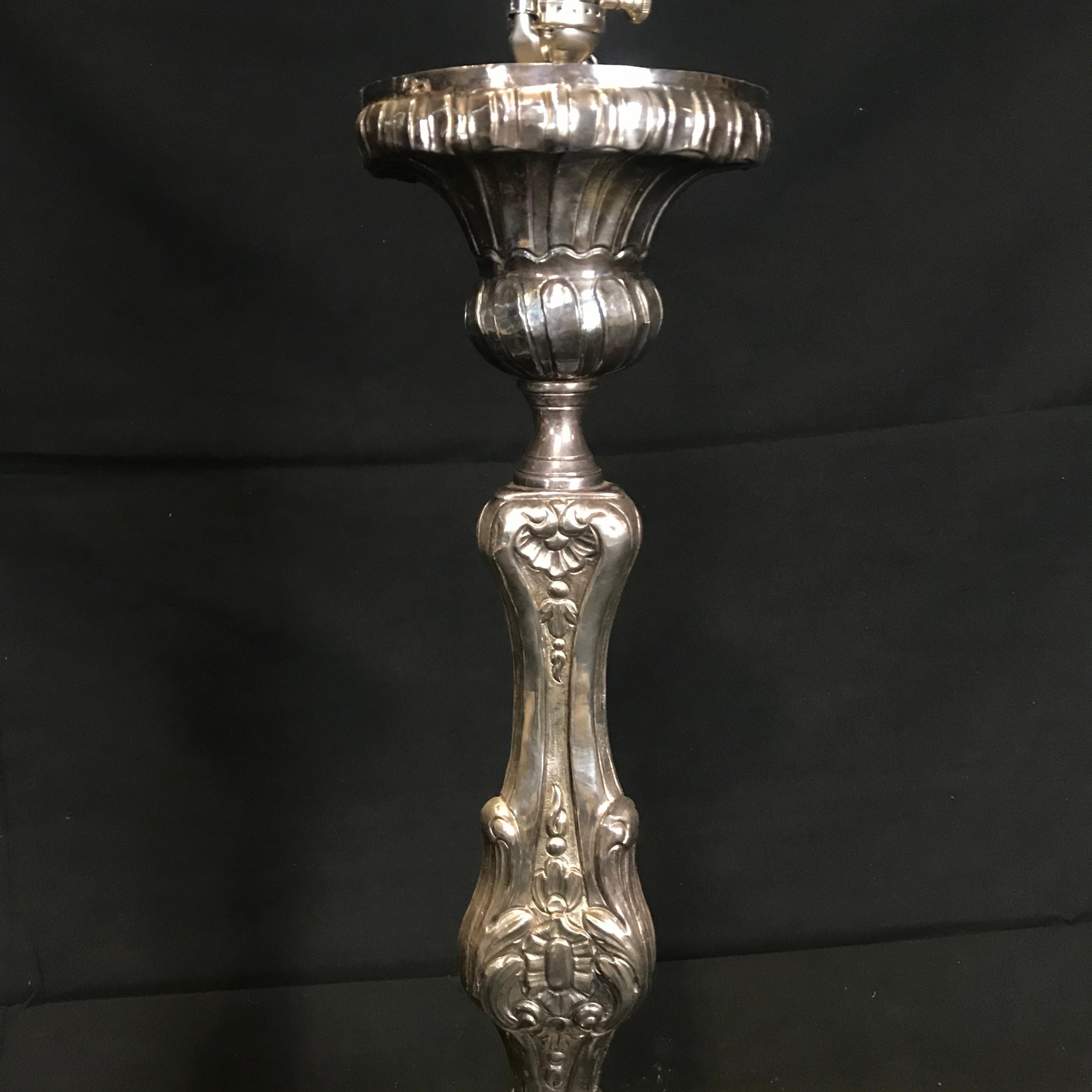 Superb Pair of 19th Century French Silvered Bronze Altar Stick Lamps In Good Condition In Hopewell, NJ