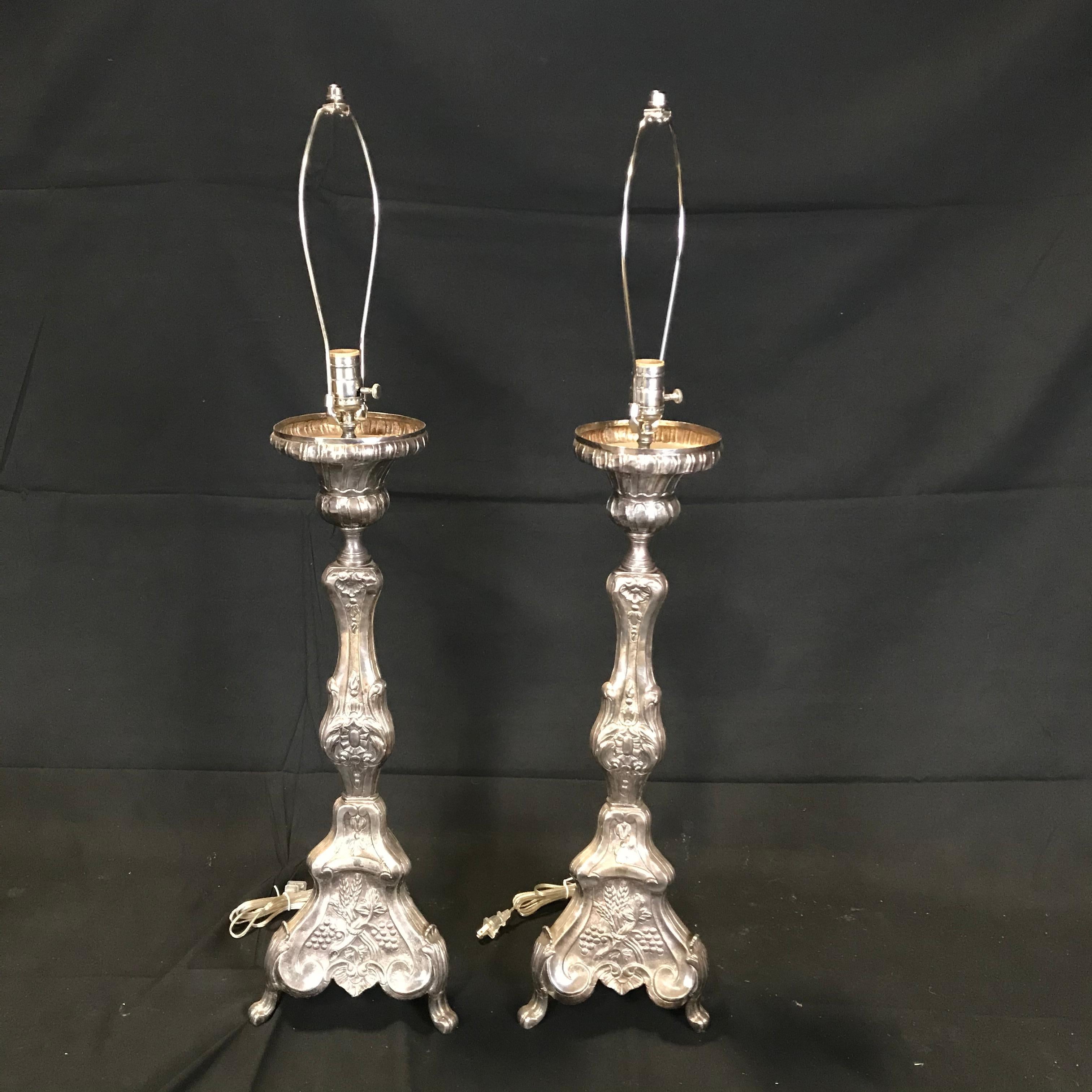 Superb Pair of 19th Century French Silvered Bronze Altar Stick Lamps 3