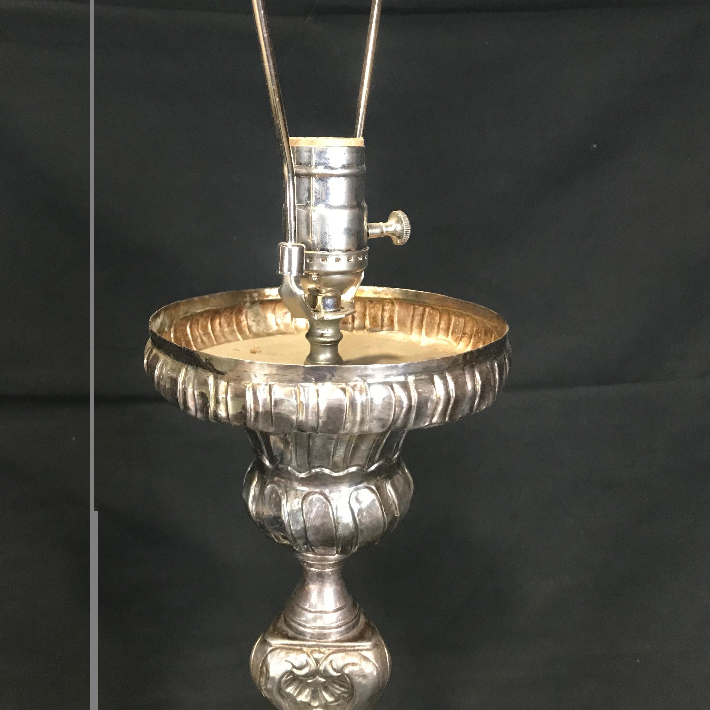 Superb Pair of 19th Century French Silvered Bronze Altar Stick Lamps 4