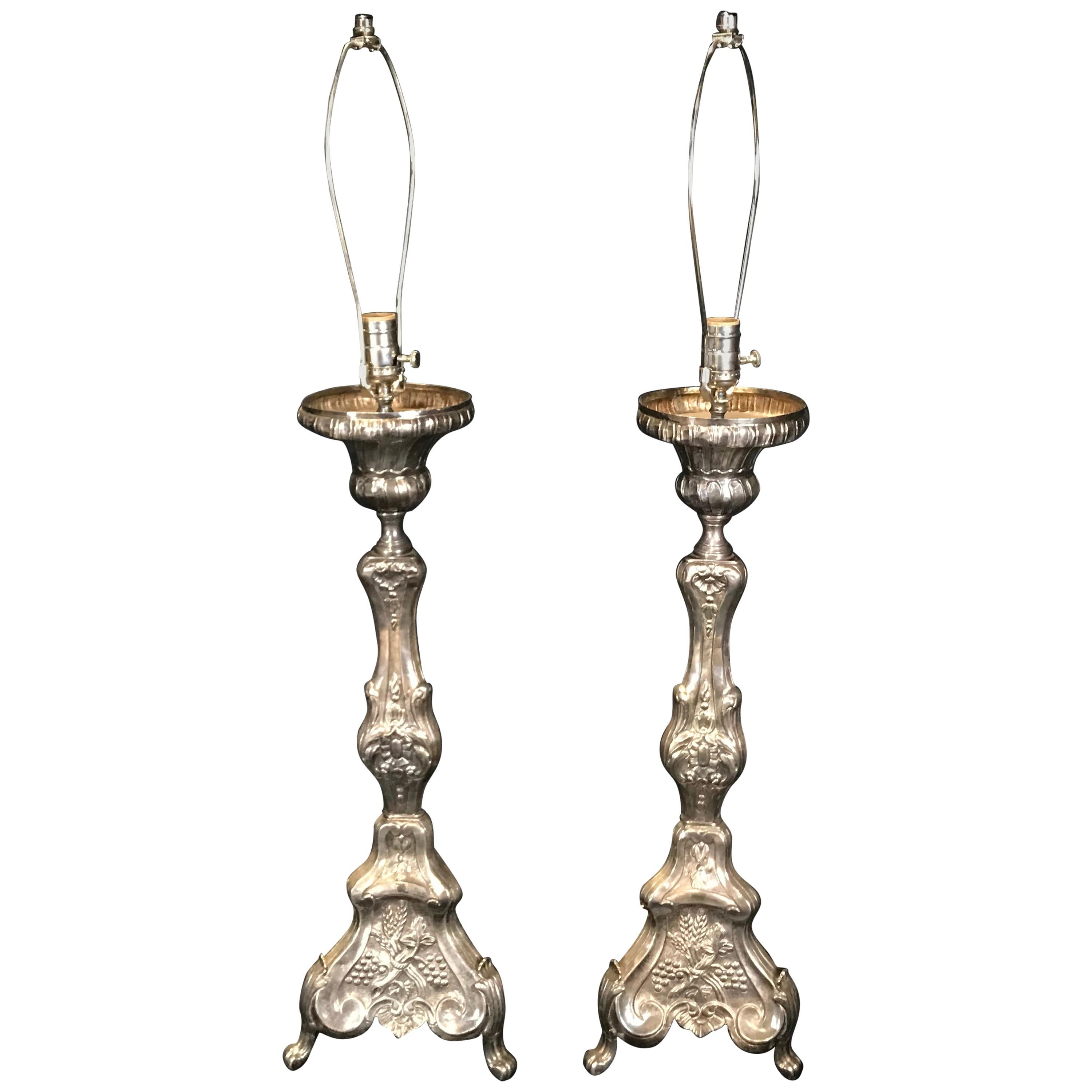 Superb Pair of 19th Century French Silvered Bronze Altar Stick Lamps