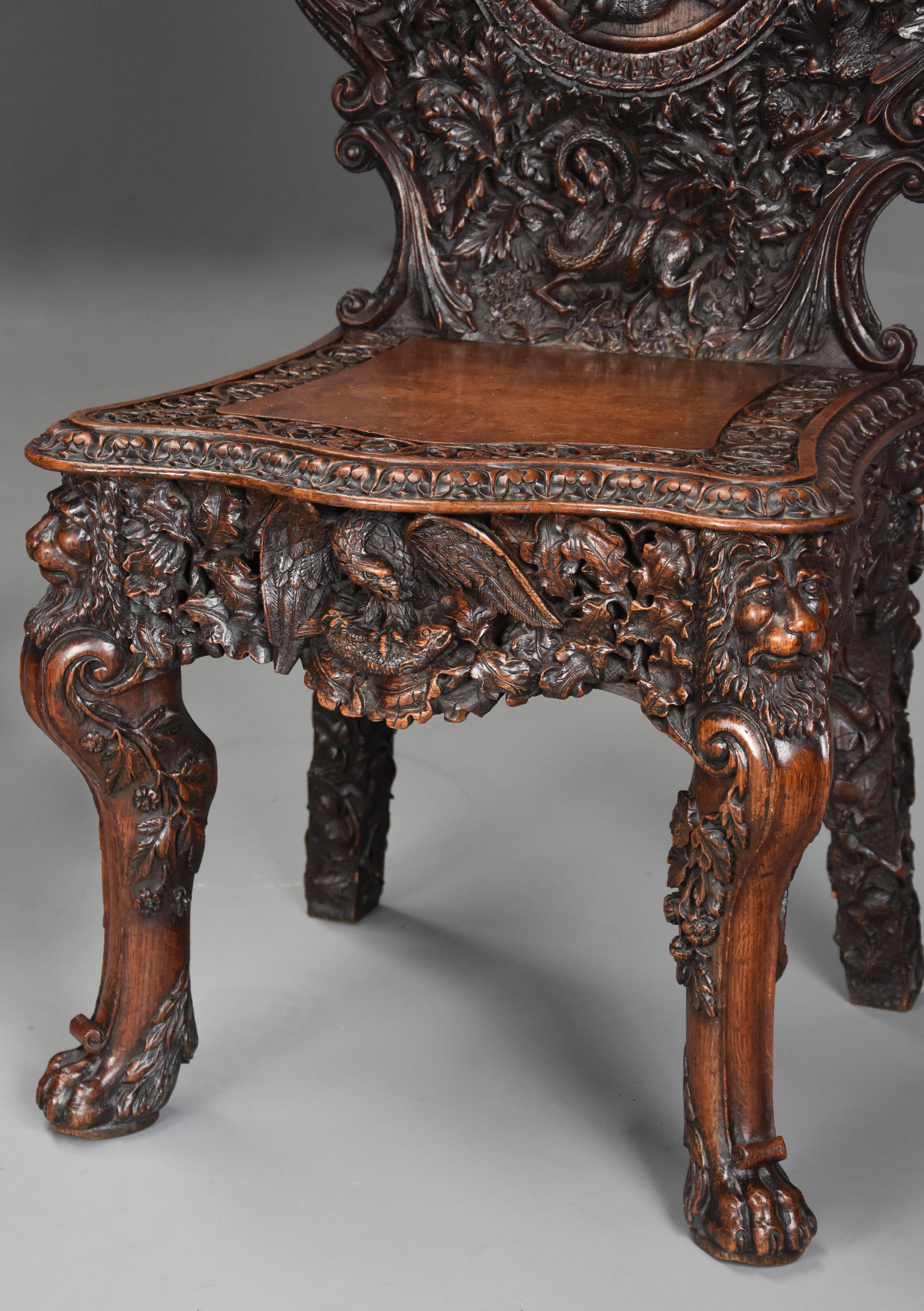 Pair of 19th Century Exhibition Quality Carved Oak Chairs of Large Proportion For Sale 7
