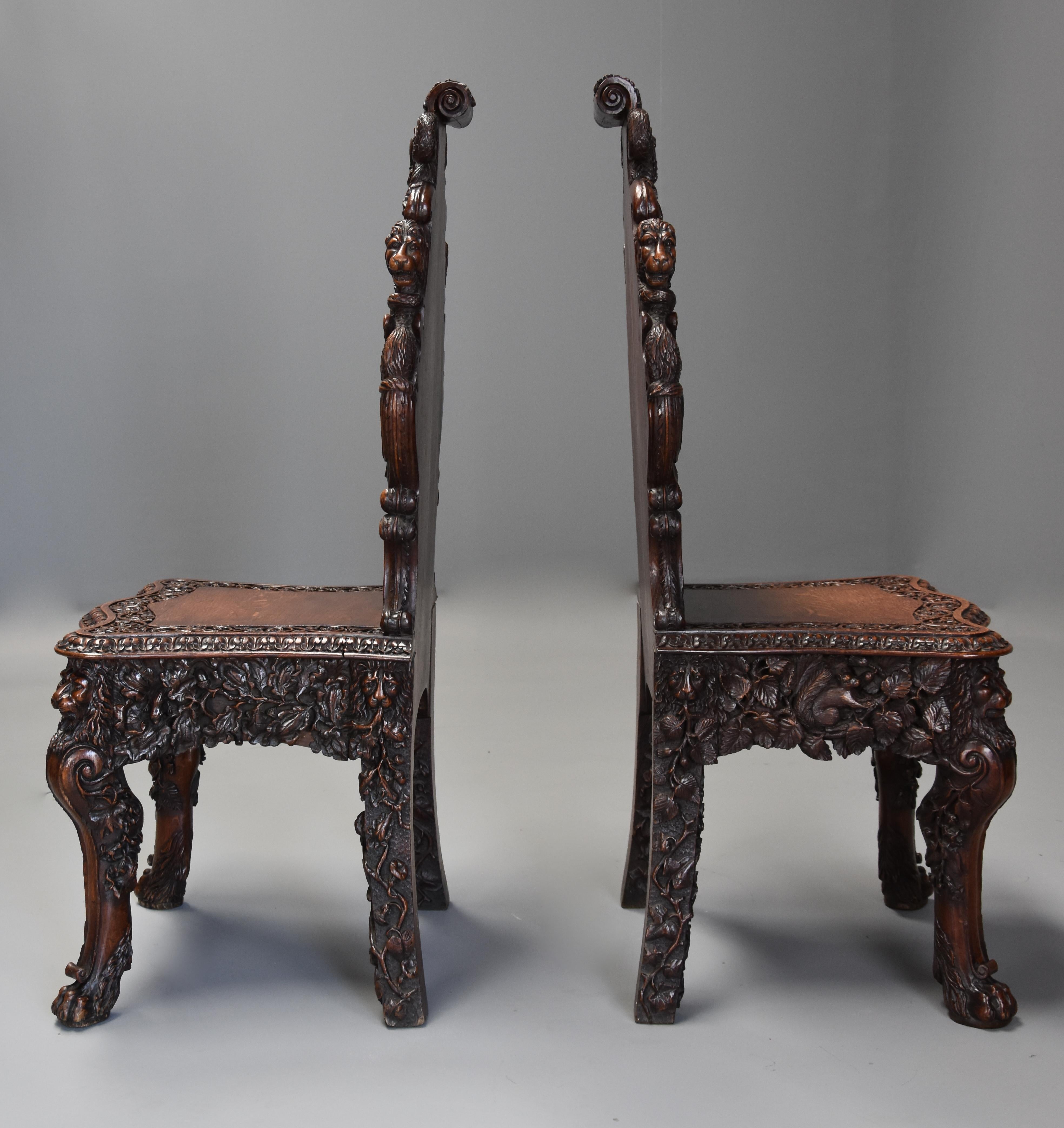 Pair of 19th Century Exhibition Quality Carved Oak Chairs of Large Proportion For Sale 11