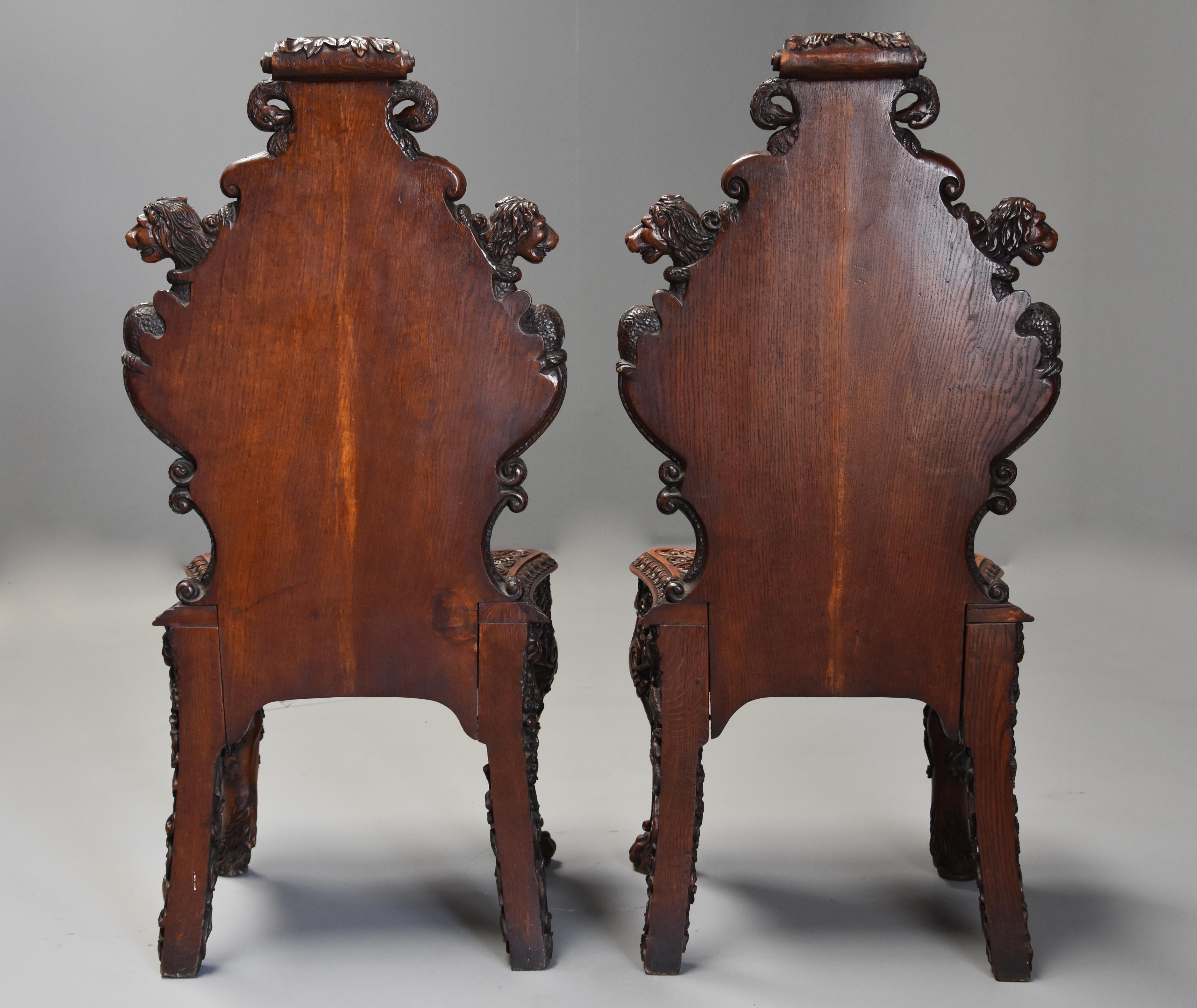 Pair of 19th Century Exhibition Quality Carved Oak Chairs of Large Proportion For Sale 12