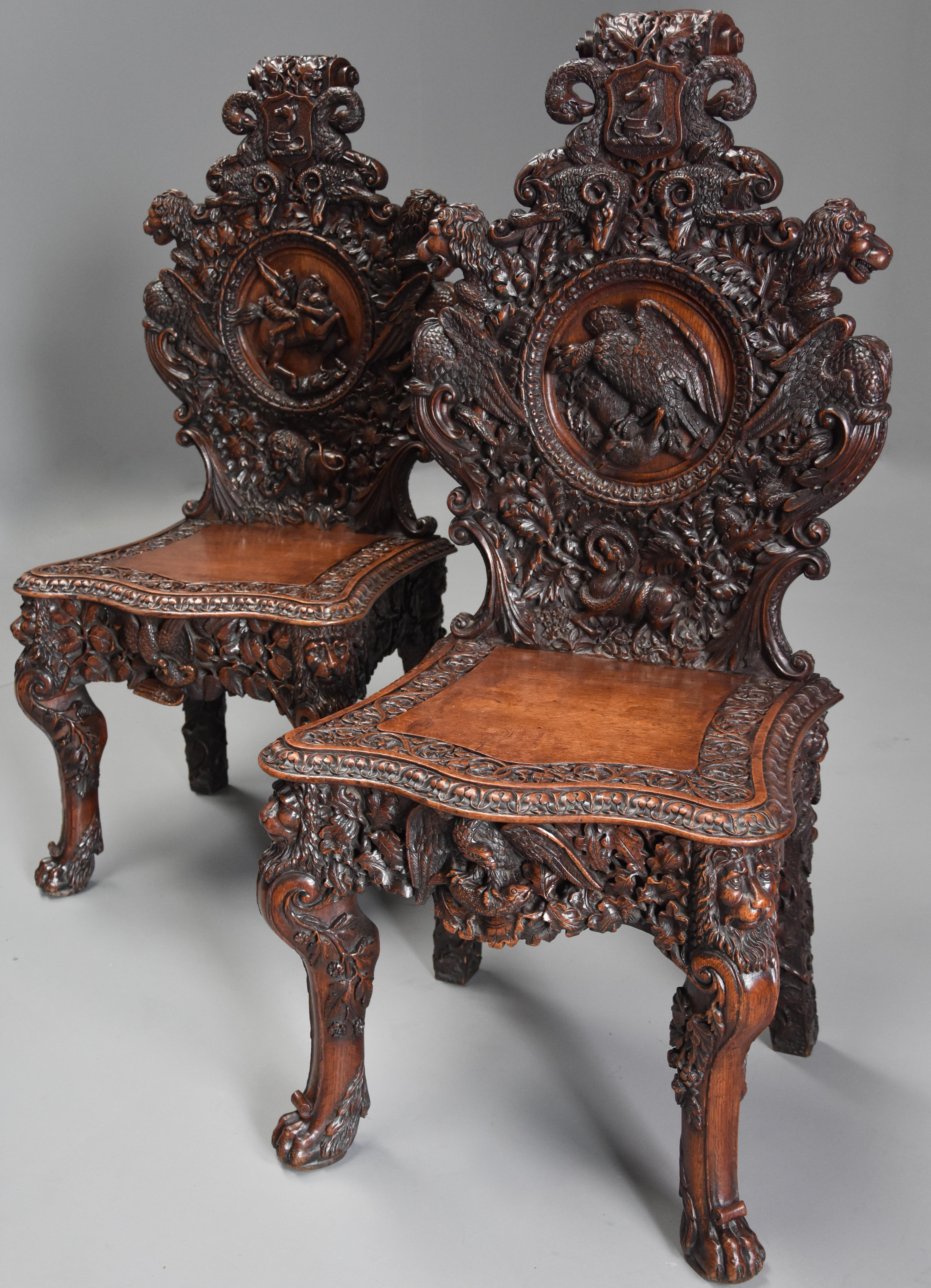 English Pair of 19th Century Exhibition Quality Carved Oak Chairs of Large Proportion For Sale