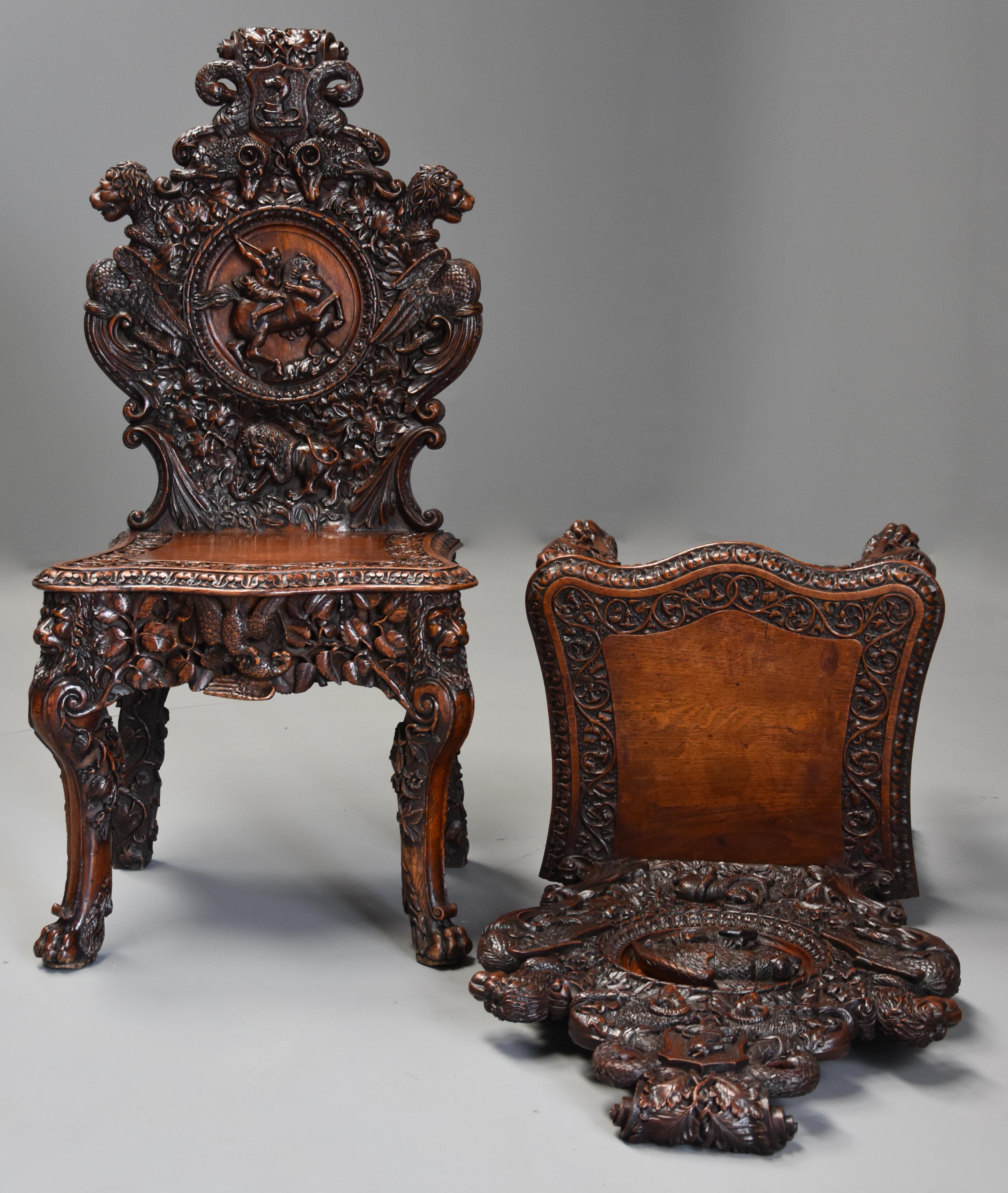 Pair of 19th Century Exhibition Quality Carved Oak Chairs of Large Proportion In Good Condition For Sale In Suffolk, GB