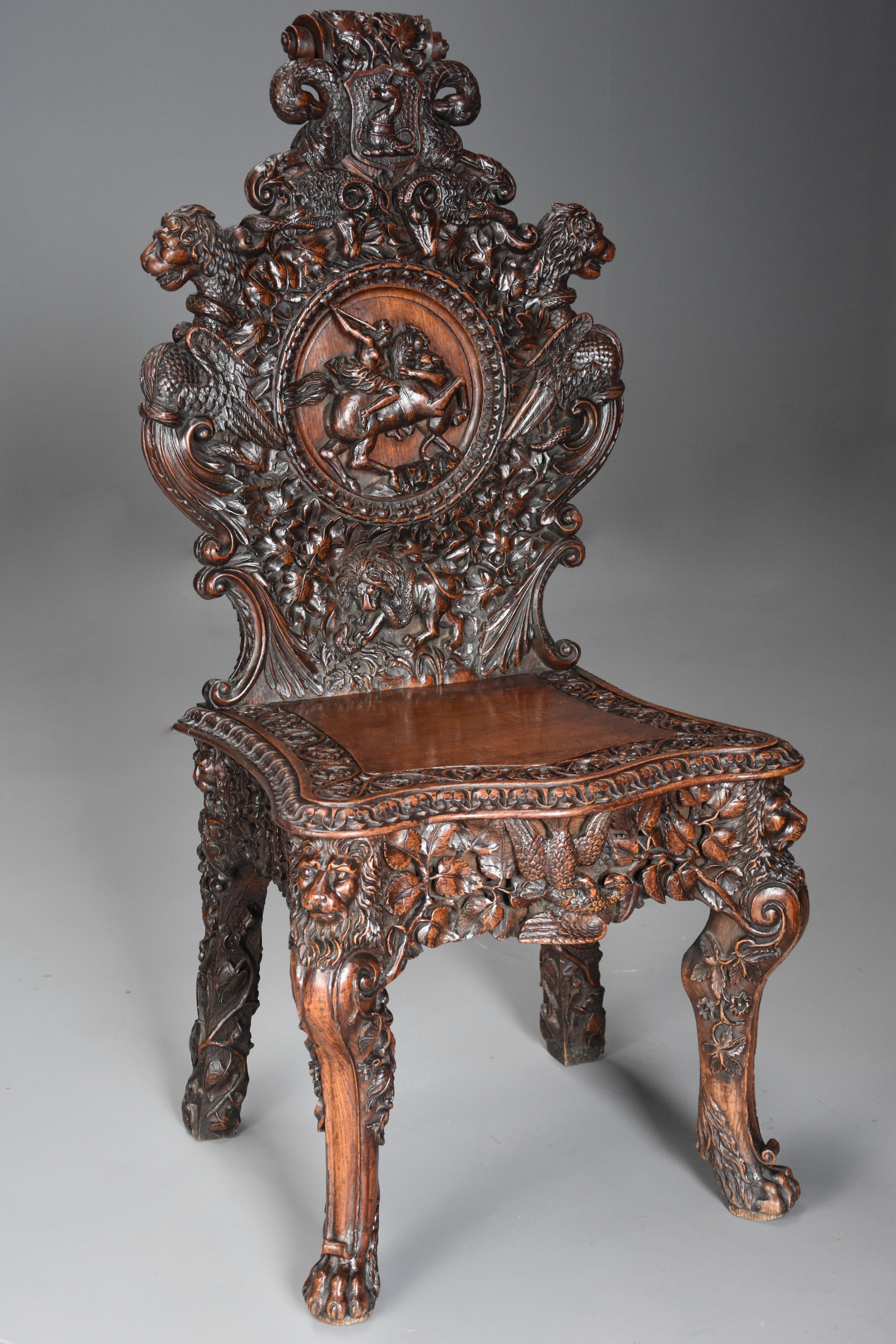 Pair of 19th Century Exhibition Quality Carved Oak Chairs of Large Proportion For Sale 1