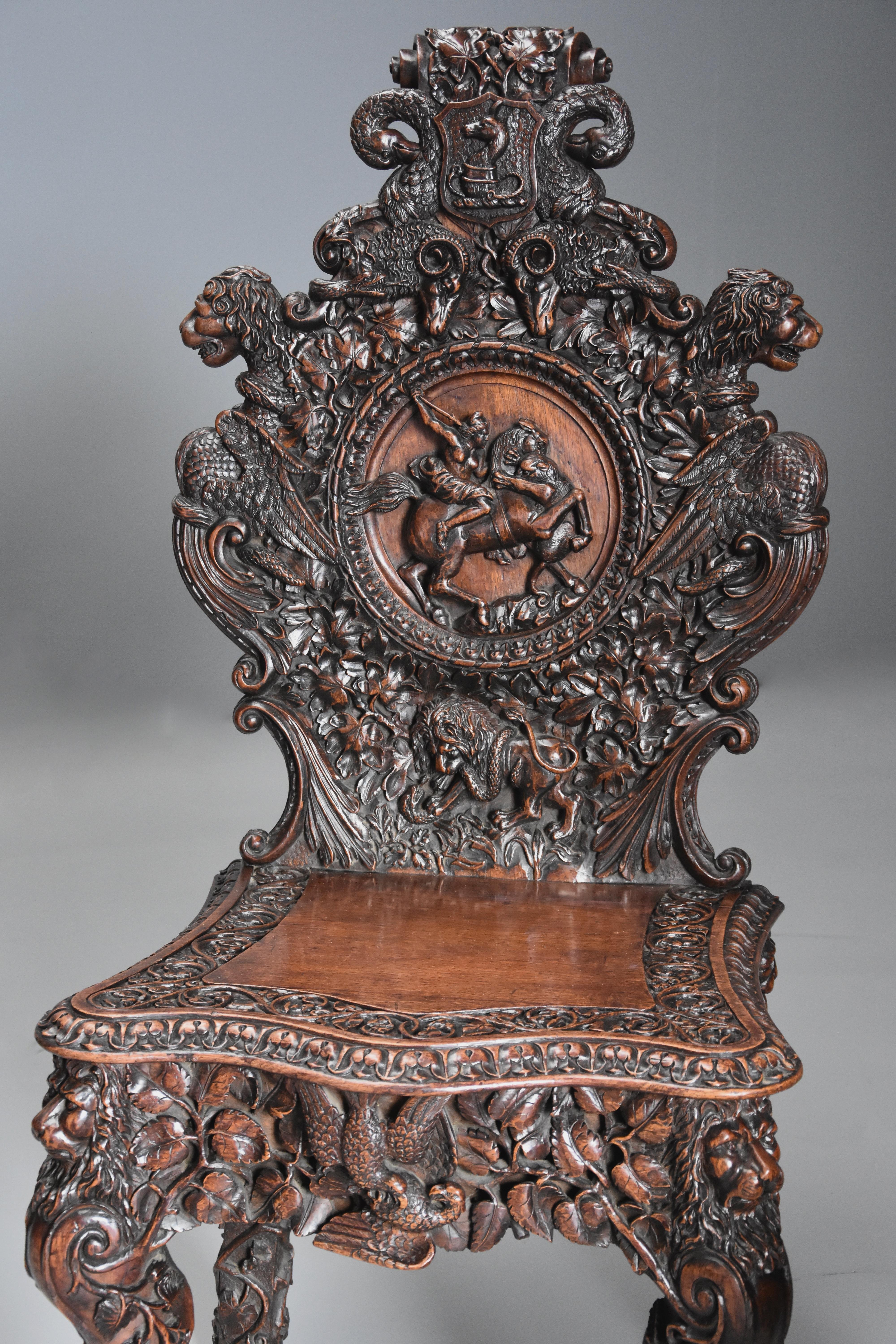 Pair of 19th Century Exhibition Quality Carved Oak Chairs of Large Proportion For Sale 2