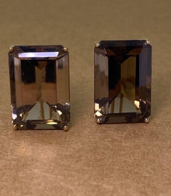 Superb Pair of 40.00ct Emerald Cut Smoky Topaz & Yellow Gold Clip on Earrings
