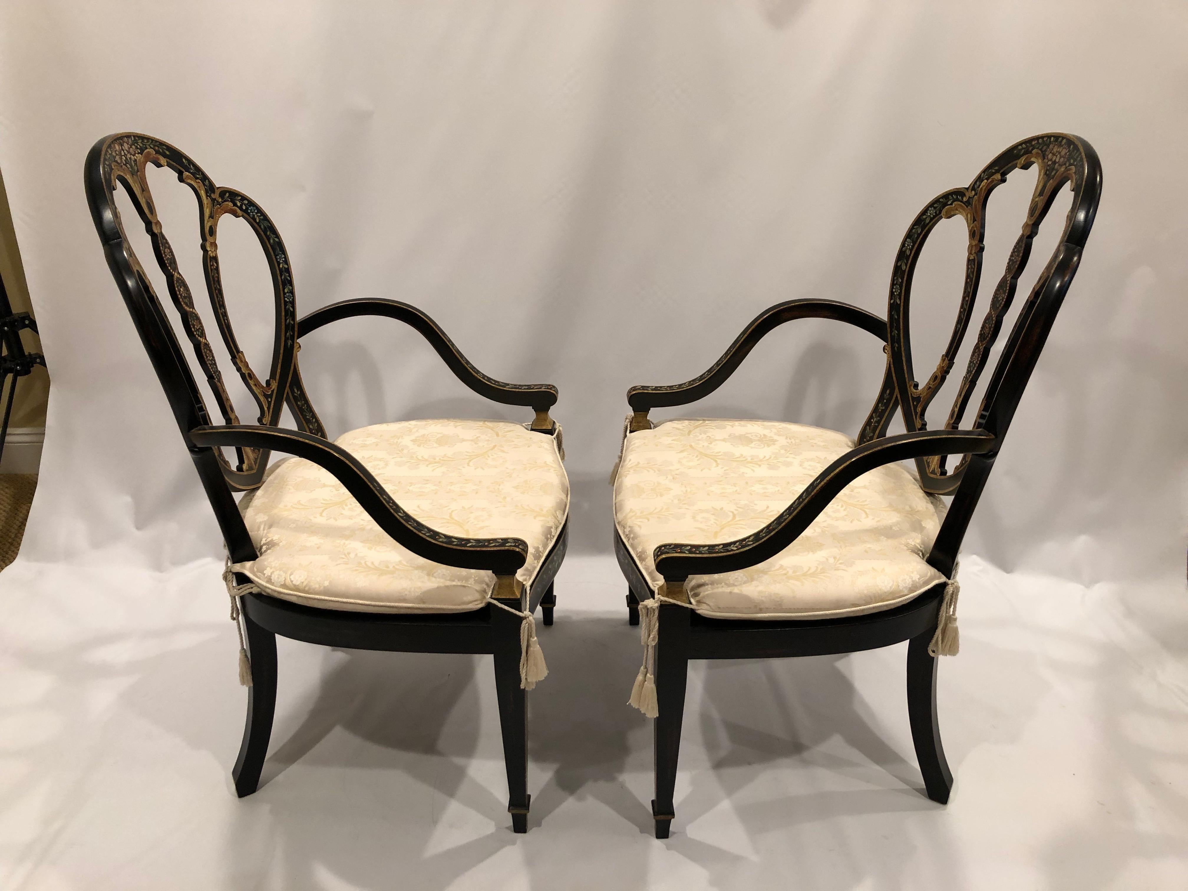 Superb Pair of Adam Style Handpainted Armchairs with Caned Seats For Sale 3