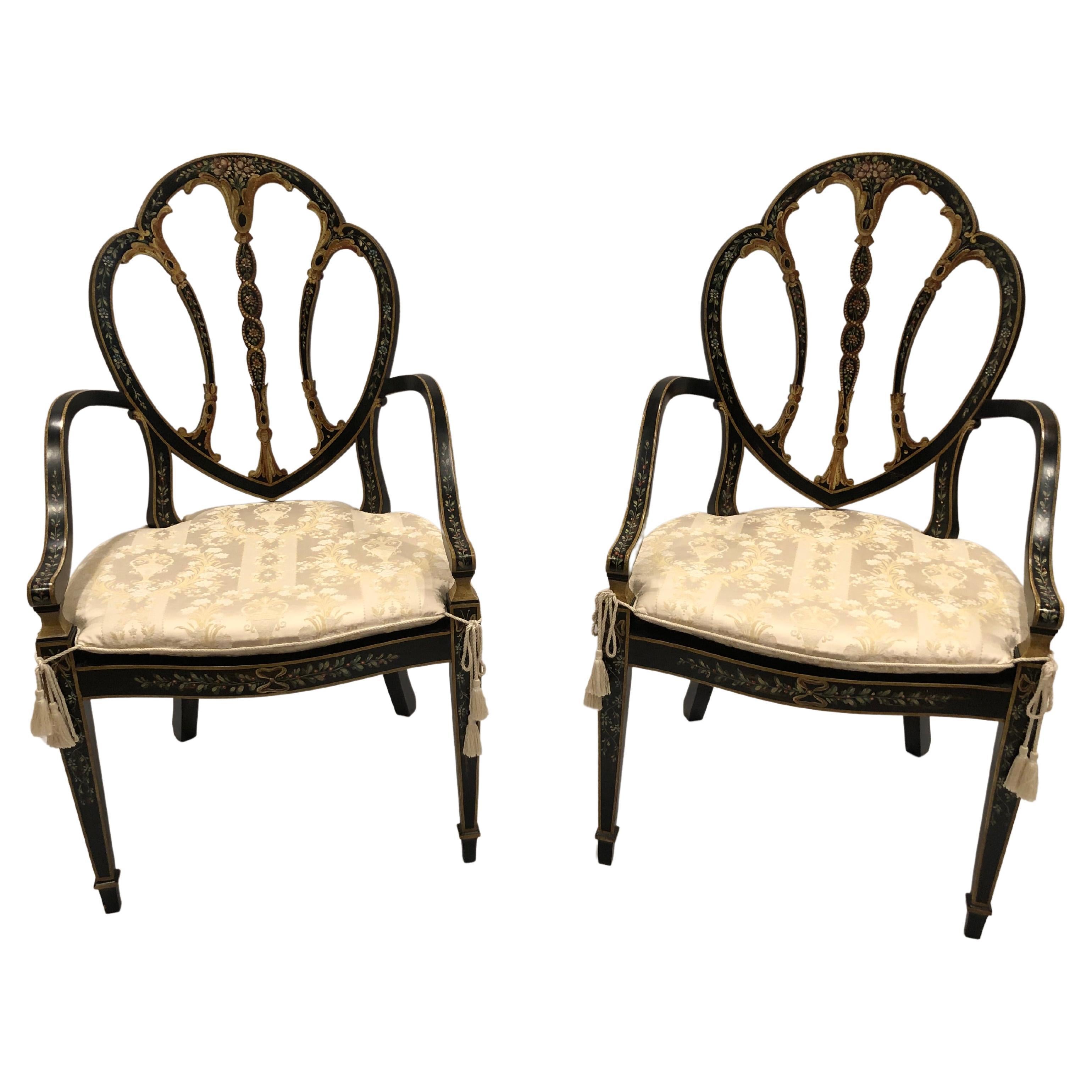 Superb Pair of Adam Style Handpainted Armchairs with Caned Seats
