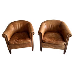 Superb Pair of Antique English Supple Distressed Cognac Leather Club Chairs